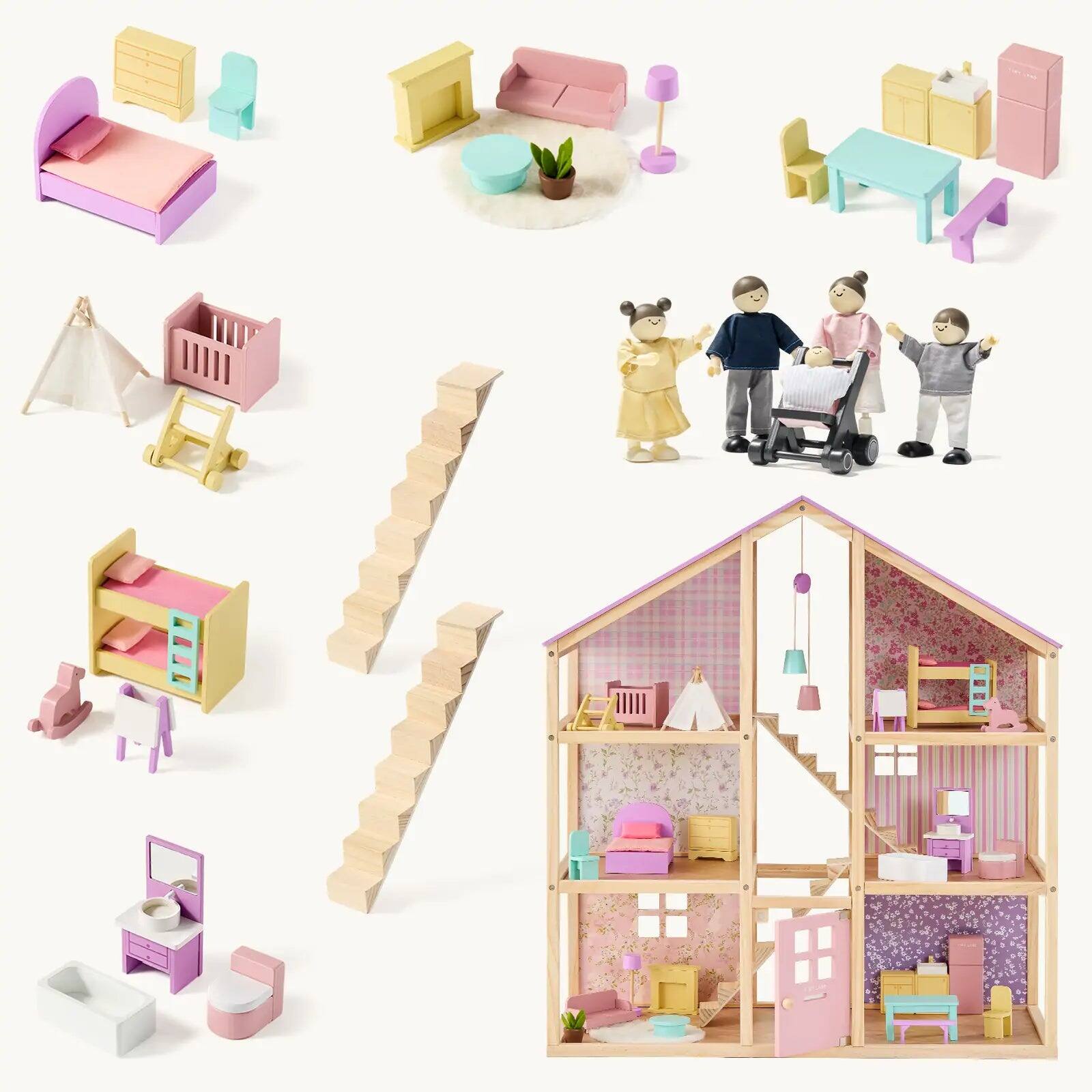 Alt View 6. Tiny Land - 3-Story Wooden Dollhouse with 31 Furniture Pieces, Dollhouse Dolls & Baby Stroller, Pretend Play Toy for Kids - Unicorn Purple.