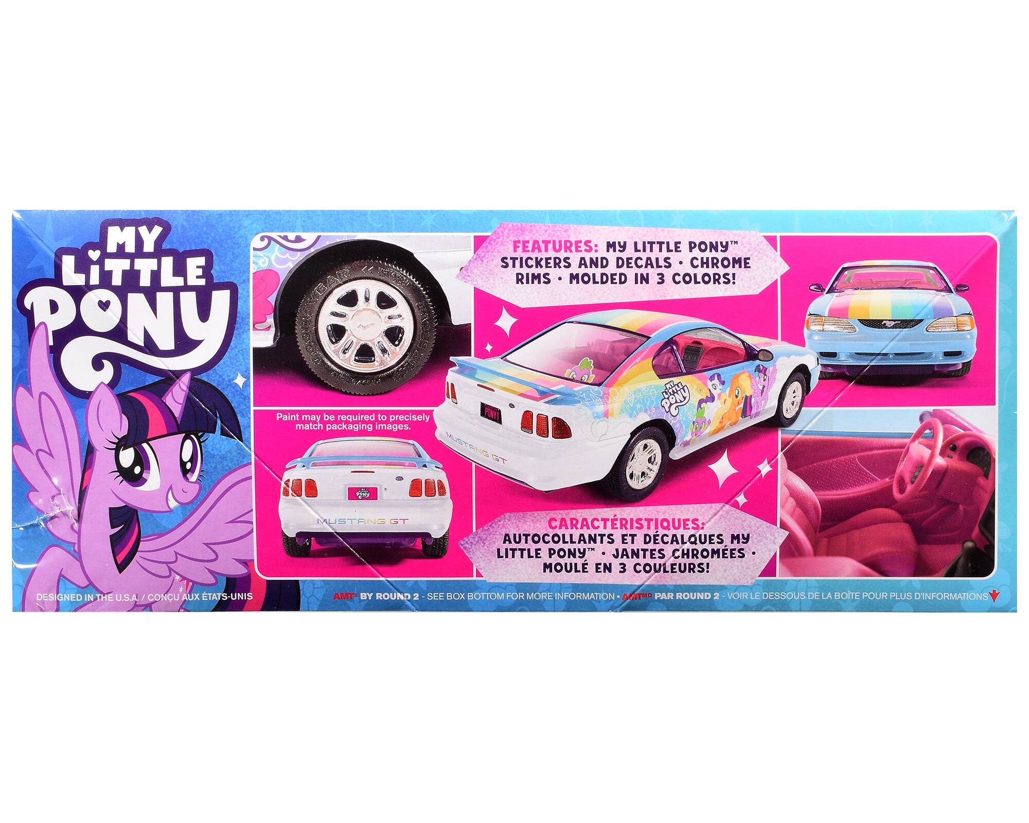 MY LITTLE PONY Paint may be required to precisely match packaging images,  
FEATURES: MY LITTLE PONY STICKERS AND DECALS CHROME RIMS . MOLDED IN 3 COLORS!  
CARACTÉRISTIQUES: AUTOCOLLANTS ET DÉCALQUES MY LITTLE PONY JANTES CHROMÉES MOULE EN 3 COULEURS!  
DESIGNED IN THE U.S.A./CONÇU AUX ÉTATS-UNIS  
AMT BY ROUND 2 - SEE BOX BOTTOM FOR MORE INFORMATION AMTMO PAR ROUND 2 VOIR LE DESSOUS DE LA BOITE POUR PLUS D'INFORMATIONS