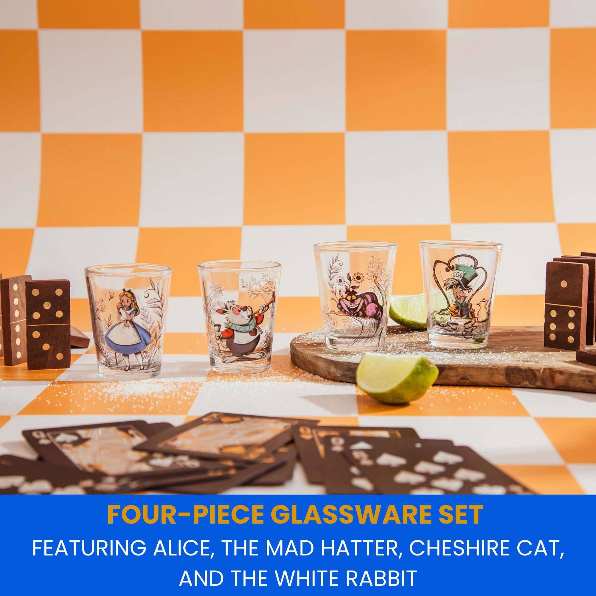 100 FOUR-PIECE GLASSWARE SET FEATURING ALICE, THE MAD HATTER, CHESHIRE CAT, AND THE WHITE RABBIT

FOUR-PIECE GLASSWARE SET  
FEATURING ALICE, THE MAD HATTER, CHESHIRE CAT,  
AND THE WHITE RABBIT