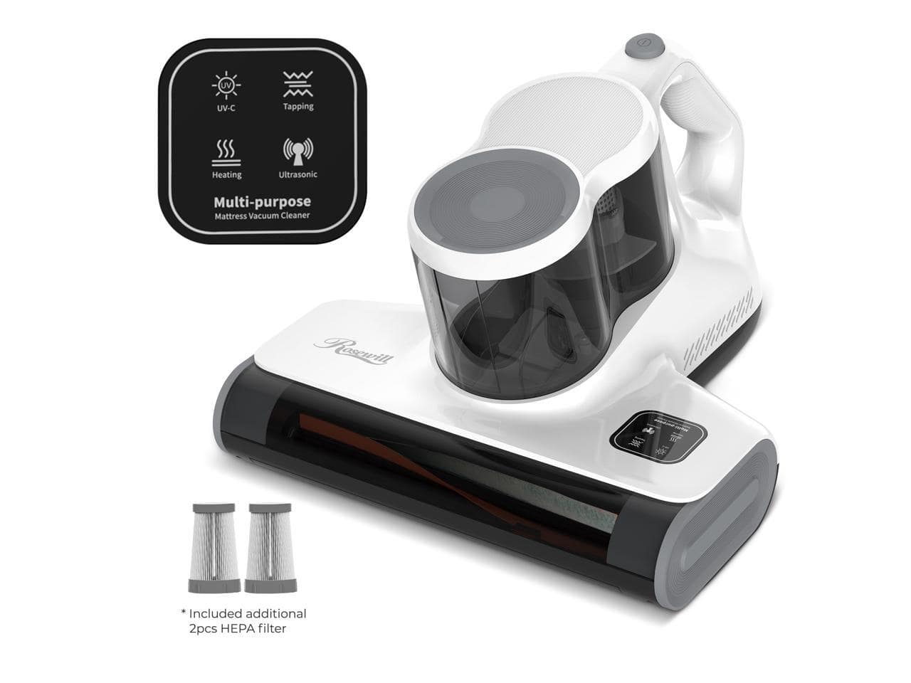 Rosewill - Mattress Vacuum: Anti-Allergen with UV-C, 450W, 16Kpa Suction, Corded - White