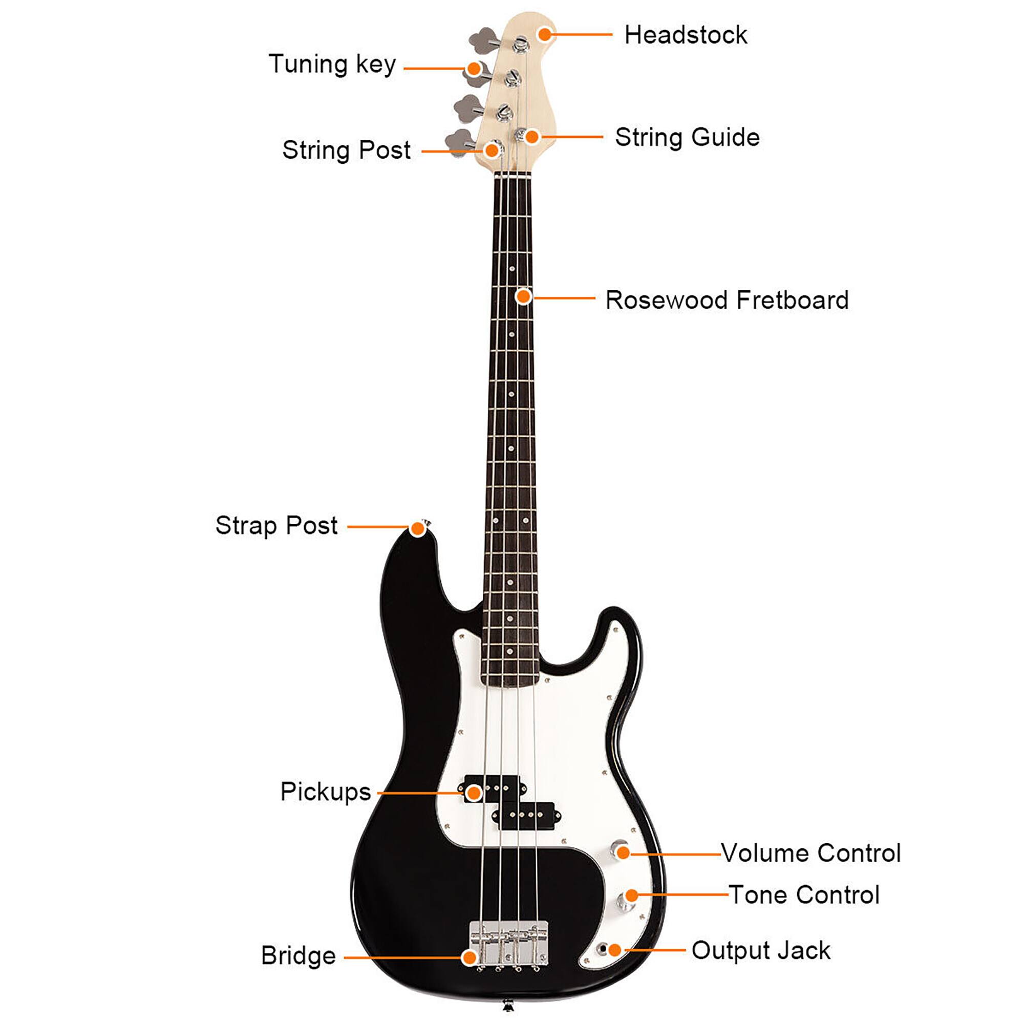 Tuning key  
Headstock  
String Post  
String Guide  
Rosewood Fretboard  
Strap Post  
Pickups  
Volume Control  
Tone Control  
Bridge  
Output Jack