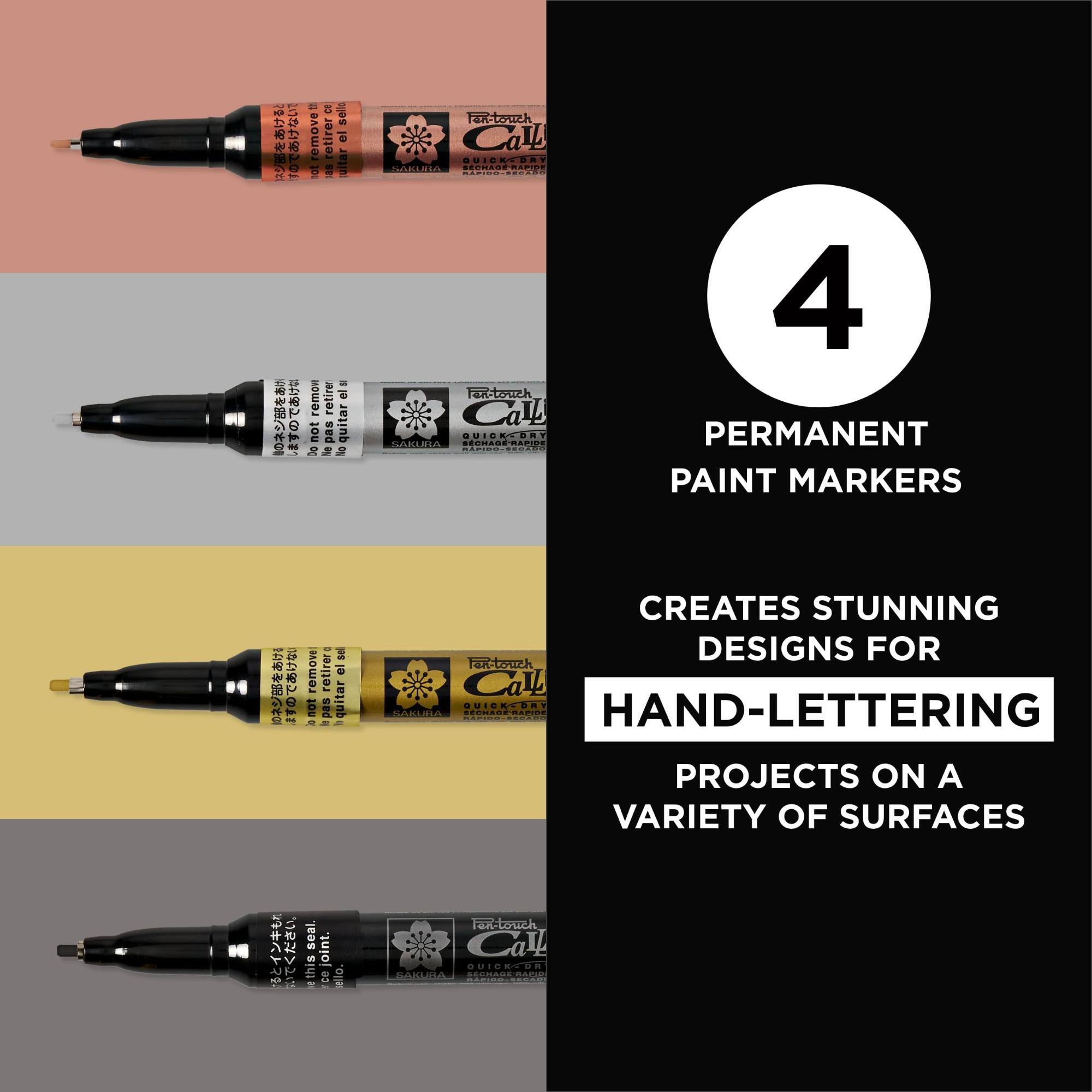th remove 100 remove not Do  
ce retirer as retirer pas Ne  
sello GI uitar el No quitar  
en-touch Call QUICKSDAY SAKUHA SECHAGE-RAPICE RAPINO-SBDADO  
4 PERMANENT PAINT MARKERS  

not remove seal. this DO  
retirer pas joint. ce  
se el quitar ello  
CREATES STUNNING DESIGNS FOR Pen-touch Call QUIC DRY SAKURA SECHAGE RAPIDE HAND-LETTERING PROJECTS ON A VARIETY OF SURFACES Pen-touch CaLL QUICK OR SAKURA SECHAGE MARIO BARIDO-SECADI