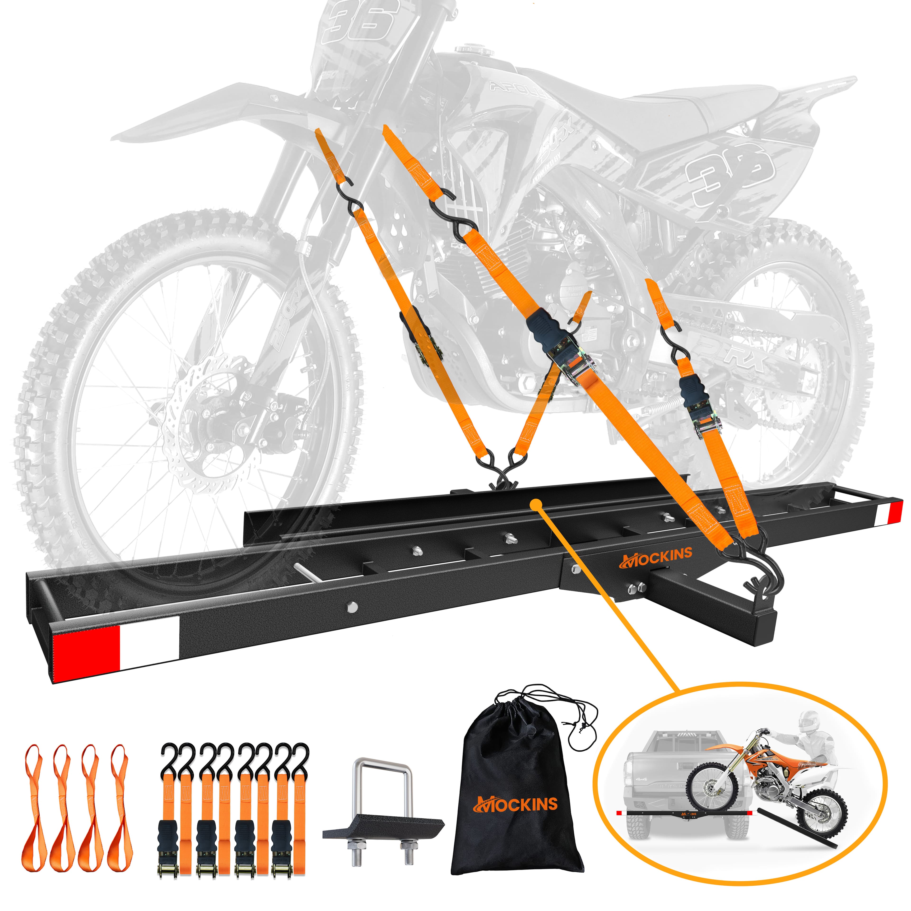 Mockins - 73 in. Anti-Tilt Hitch Motorcycle Carrier with 500 lbs. Capacity, Loading Ramp, Straps and Stabilizer