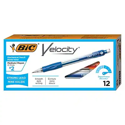 BiC Velocity Mechanical Pencil
Porte-mine Medium/Moyen 0.7mm #2
STRONG LEAD MINE SOLIDE
Smooth writing Écriture douce
Smoothness Douceur
12 Kolaeity 12 addo
