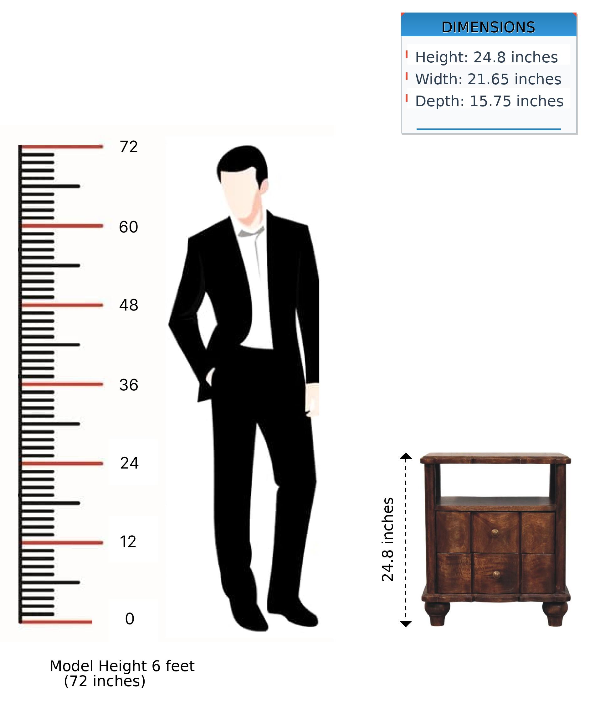 DIMENSIONS  
Height: 24.8 inches  
Width: 21.65 inches  
Depth: 15.75 inches  

Model Height 6 feet (72 inches)