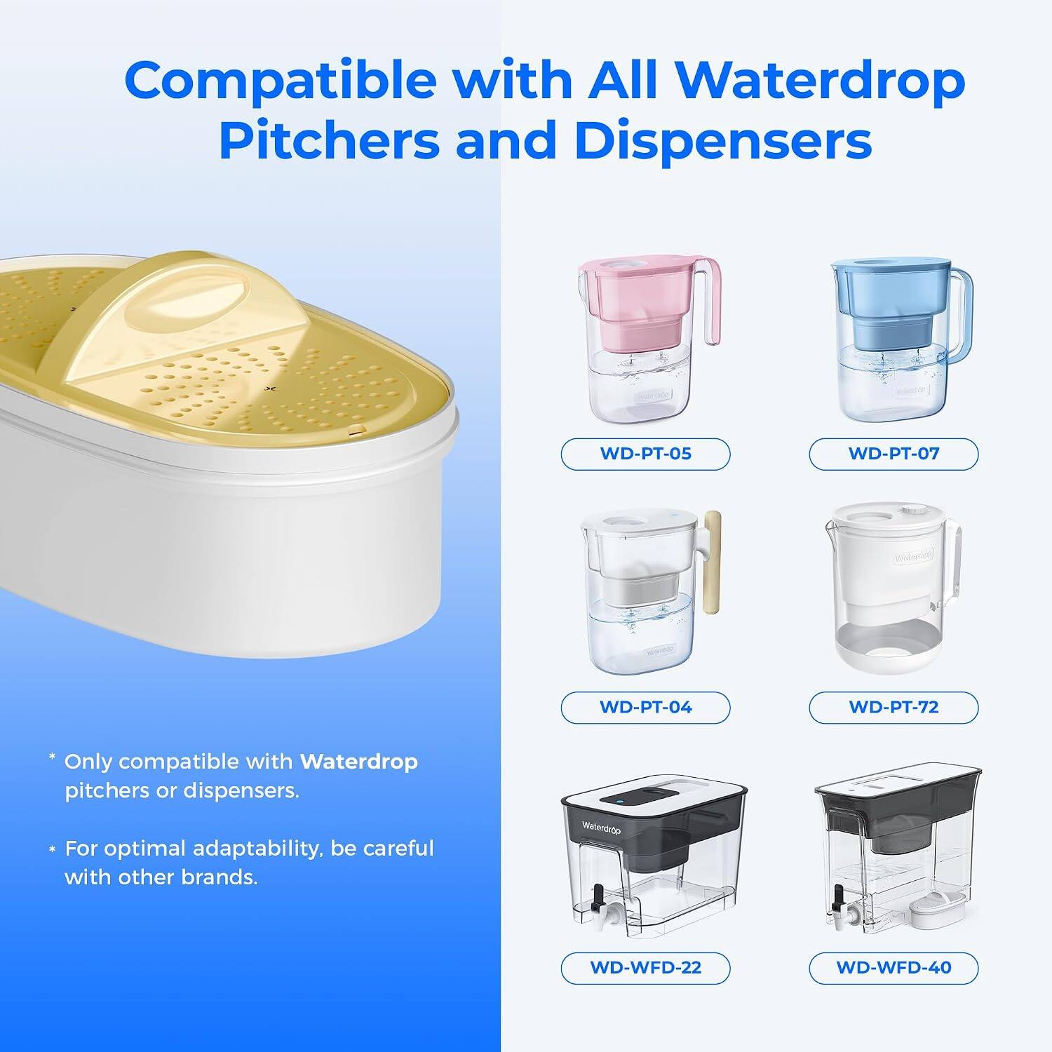 Compatible with All Waterdrop Pitchers and Dispensers

WD-PT-05
WD-PT-07
WD-PT-04
WD-PT-72

Only compatible with Waterdrop pitchers or dispensers. For optimal adaptability, be careful with other brands.

Welenieto
WD-WFD-22
WD-WFD-40