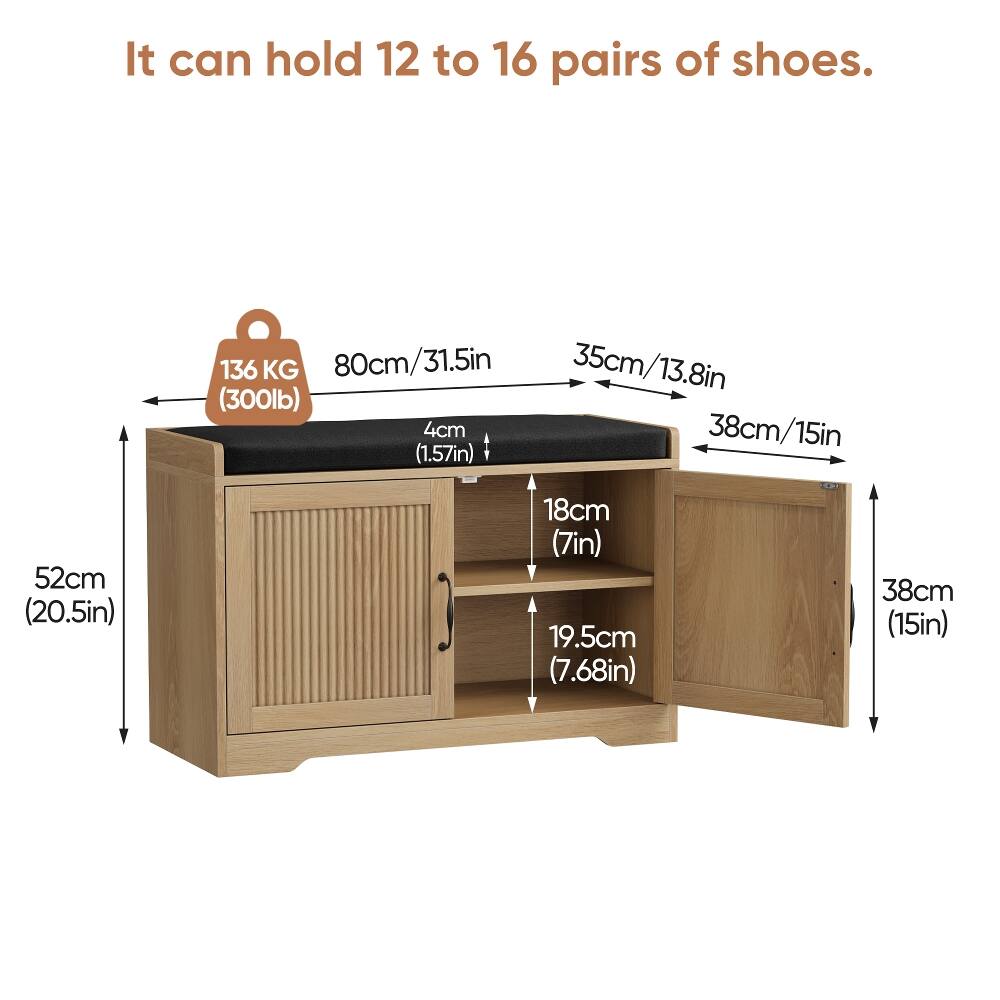 It can hold 12 to 16 pairs of shoes.

136 KG (300lb)
80cm/31.5in
35cm/13.8in
38cm/15in (1.57in)
52cm (20.5in)
18cm (7in)
19.5cm (7.68in)
38cm (15in)