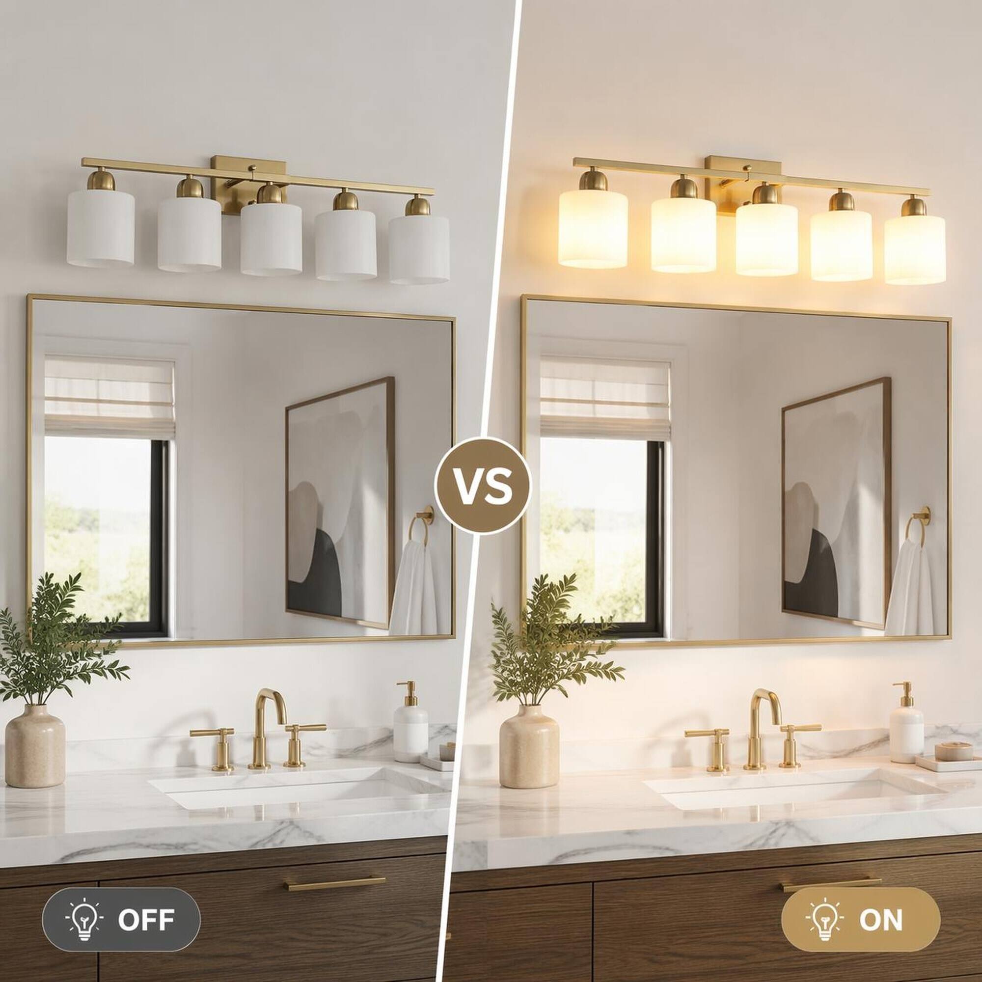 Alt View 1. RYHNUYNE - Gold 5‑Light Bathroom Vanity Light,Modern Wall Sconce with Milky White Frosted Glass Shades - Coppery.