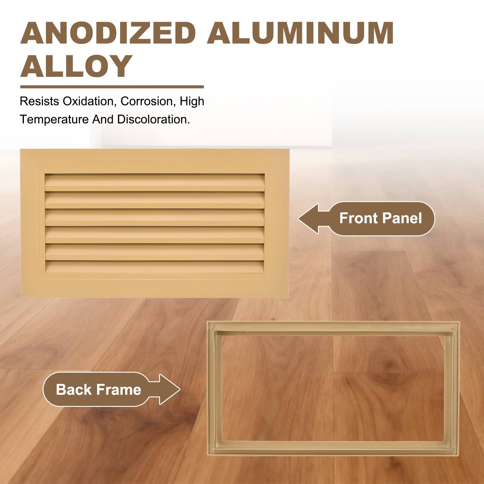 ANODIZED ALUMINUM ALLOY  
Resists Oxidation, Corrosion, High Temperature And Discoloration.  

Front Panel  
Back Frame