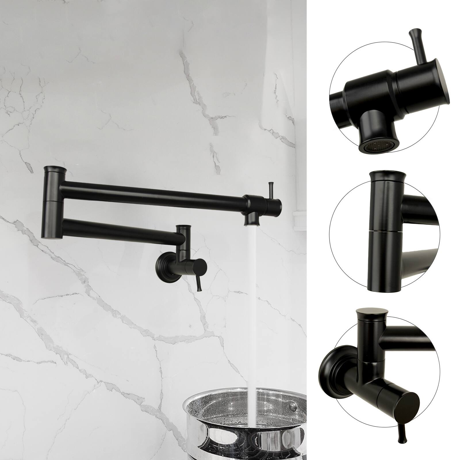 Alt View 2. Akicon - Akicon Solid Brass Wall-Mounted Pot Filler Kitchen Faucet with Double Joint Swing Arms for Stovetop in Matte Black - Matte Black.