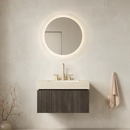 JUJABU - 30" Floating Bathroom Vanity & Sink, Roma Travertine Sintered Stone Top & Ceramic Basin - Beige