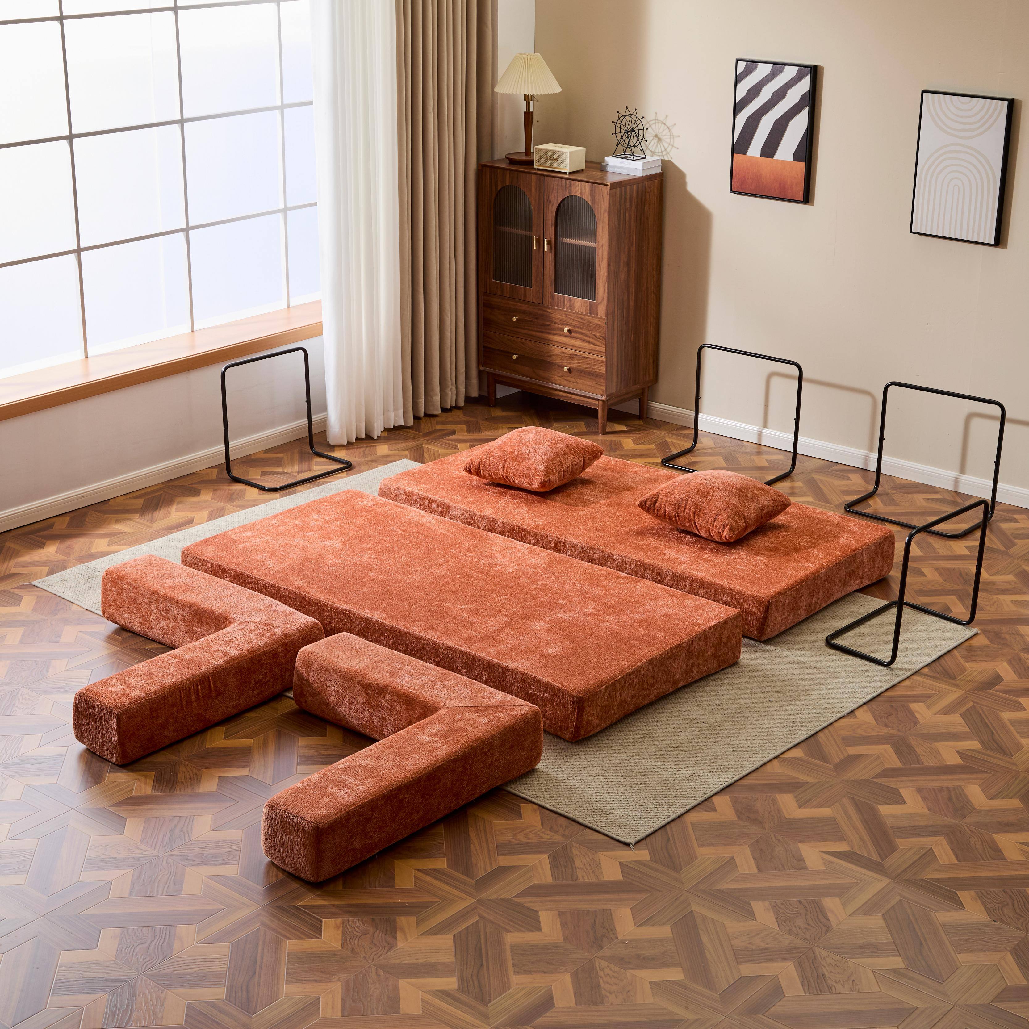 Alt View 2. Anysun - Chenille Convertible Floor Sofa Bed with Pillow Support & Armrest - Compression Couch Sleeper for Living Room & Bedroom - Orange.