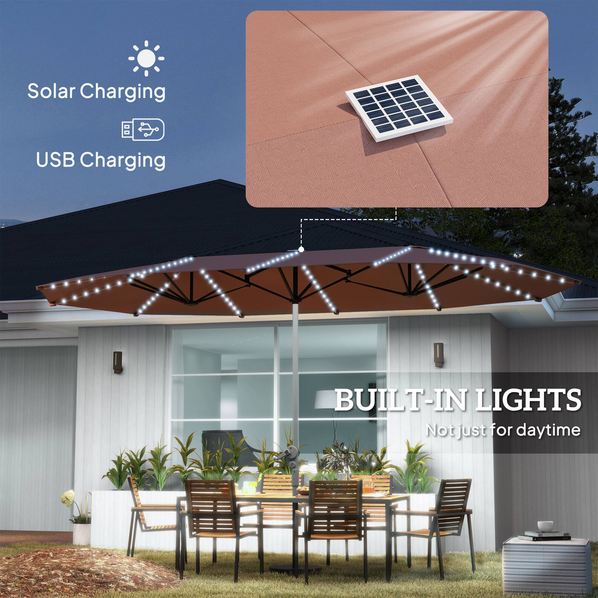 Solar Charging, USB Charging, BUILT-IN LIGHTS, Not just for daytime