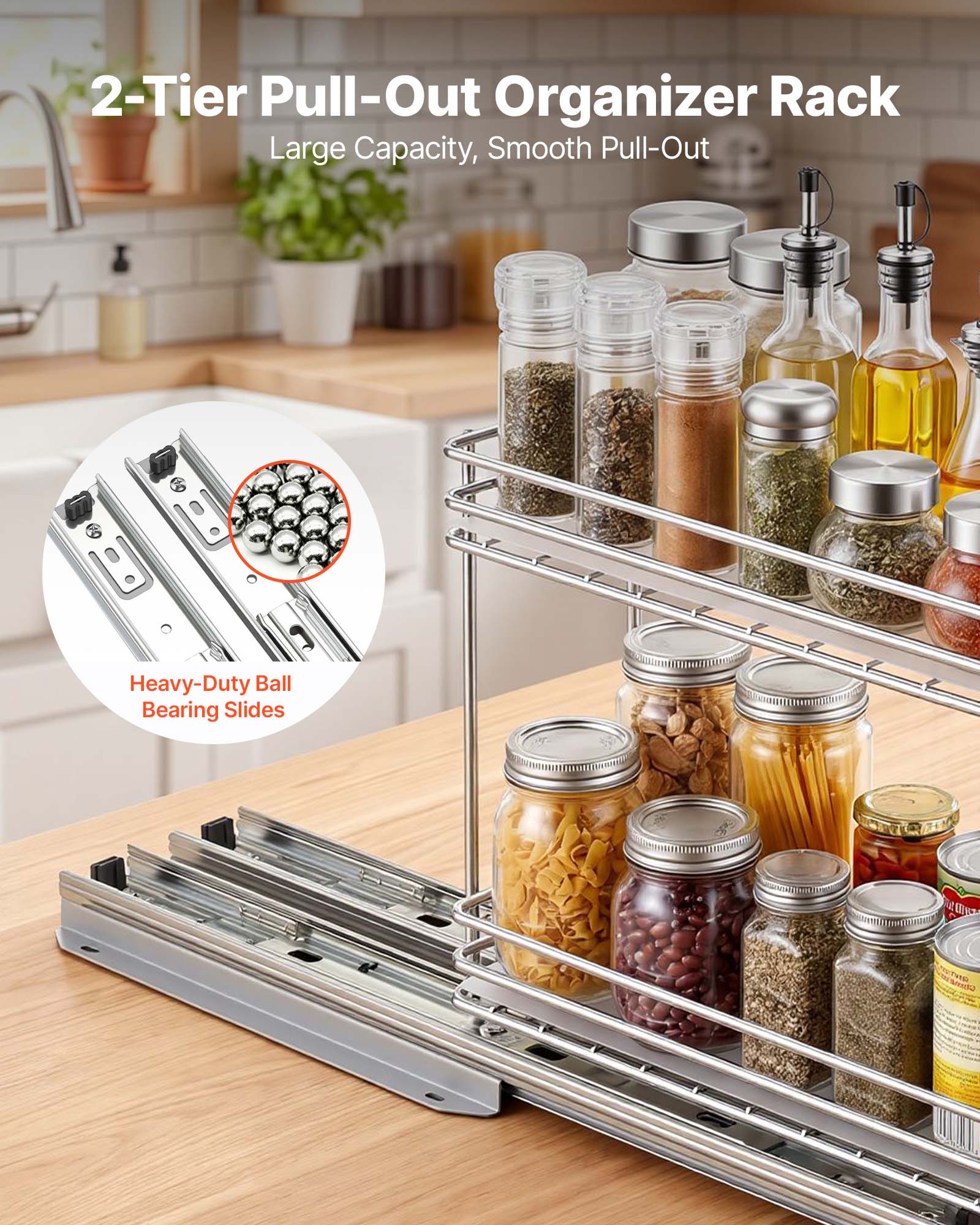 2-Tier Pull-Out Organizer Rack  
Large Capacity, Smooth Pull-Out  
Heavy-Duty Ball Bearing Slides