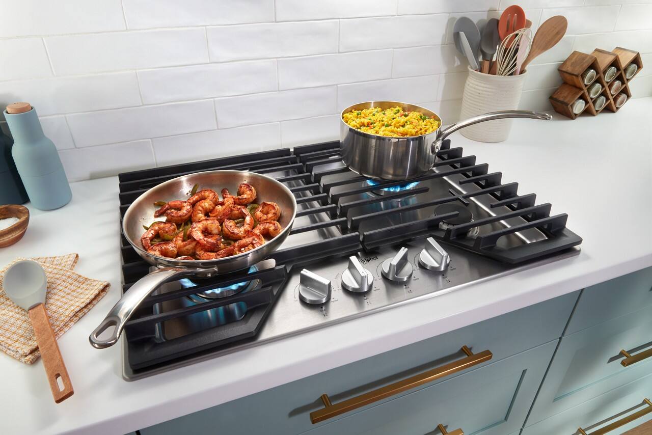 Alt View 20. Whirlpool - 36" Built-In Gas Cooktop with 3 Burners and 2-in-1 Hinged Grate to Griddle - Stainless Steel.