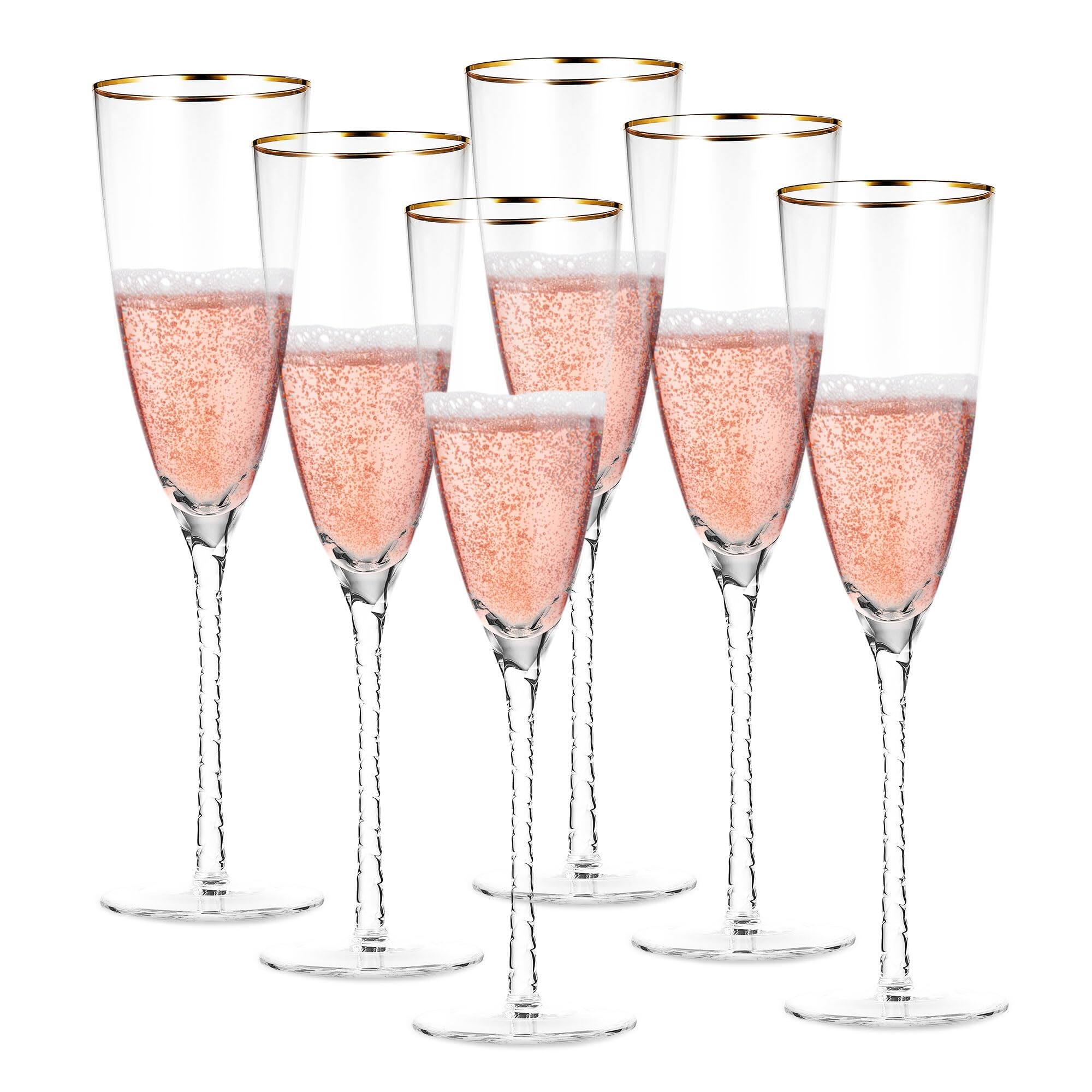 Front. Berkware - Premium Crystal Champagne Flutes - Set of 6 Elegant Glass Champagne Glasses with Twisted Stem & Gold Rim - 10.6 oz - Gold.