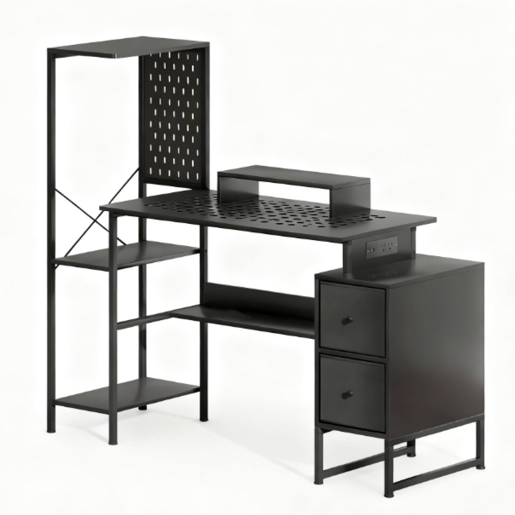 Angle. GOODSILO - Modern Home Office Desk with Integrated Charging Station, Adjustable LED Lighting, and Ergonomic Storage Solutions - Black.