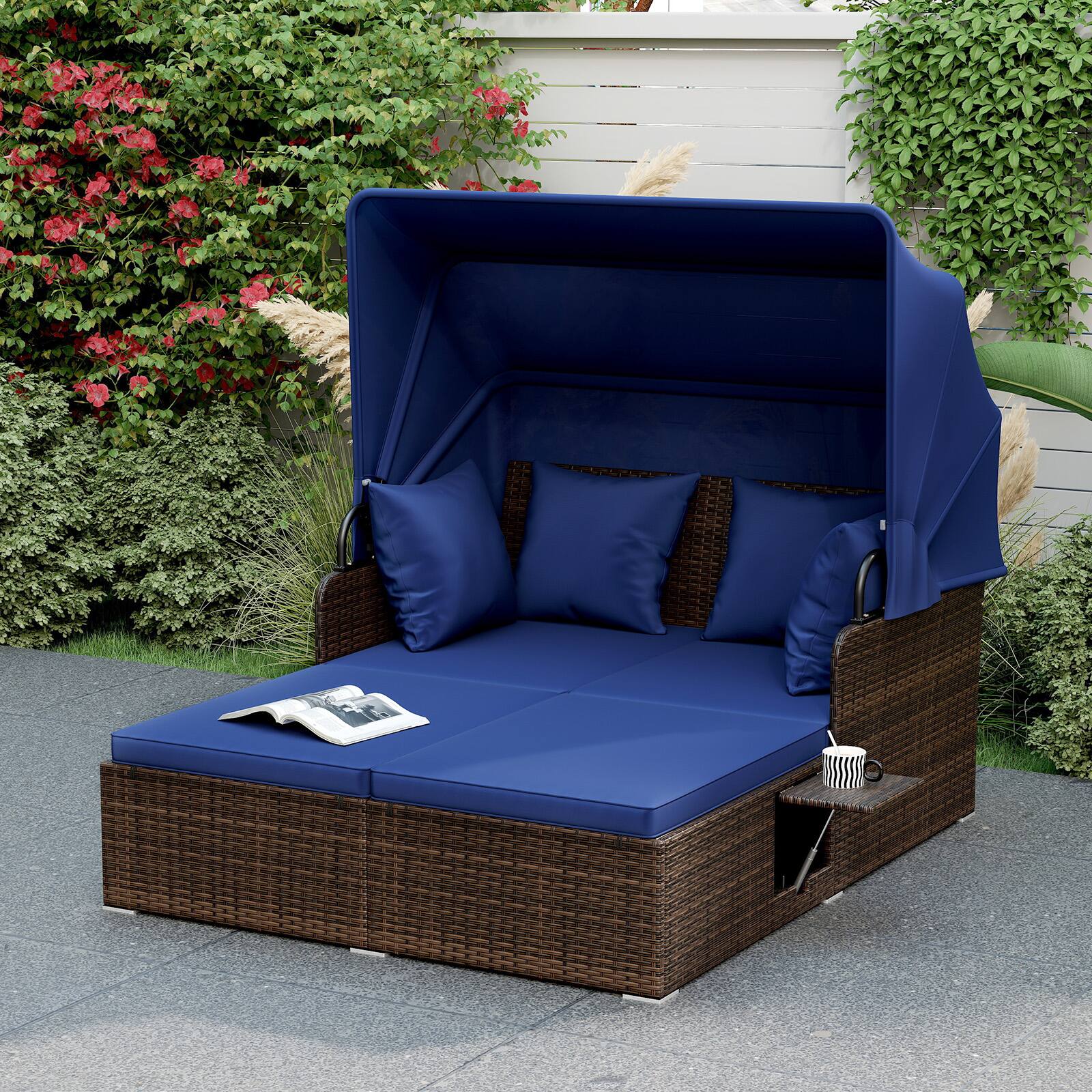 Alt View 1. Gymax - Gymax Patio Rattan Daybed Lounge Retractable Top Canopy Side Tables Cushions for Outdoor Navy - Blue.