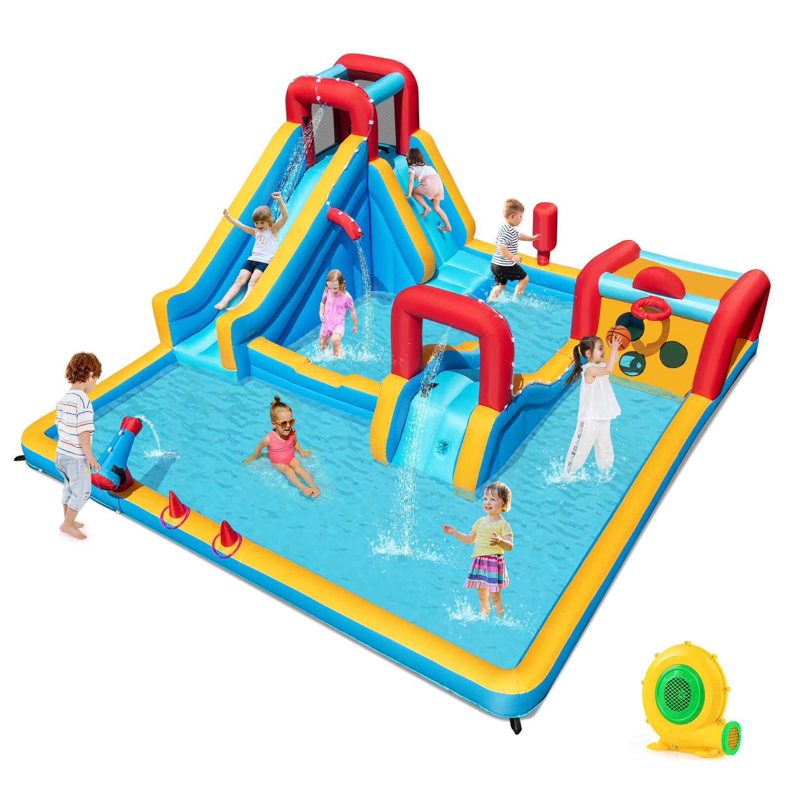 Costway - Inflatable Water Park with Climbing Wall Boxing Post Basketball Rim 680W Blower - Multicolor