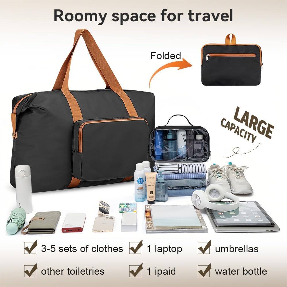 Roomy space for travel  
Folded  
LARGE CAPACITY  

- 3-5 sets of clothes  
- 1 laptop  
- other toiletries  
- 1 ipaid  
- umbrellas  
- water bottle