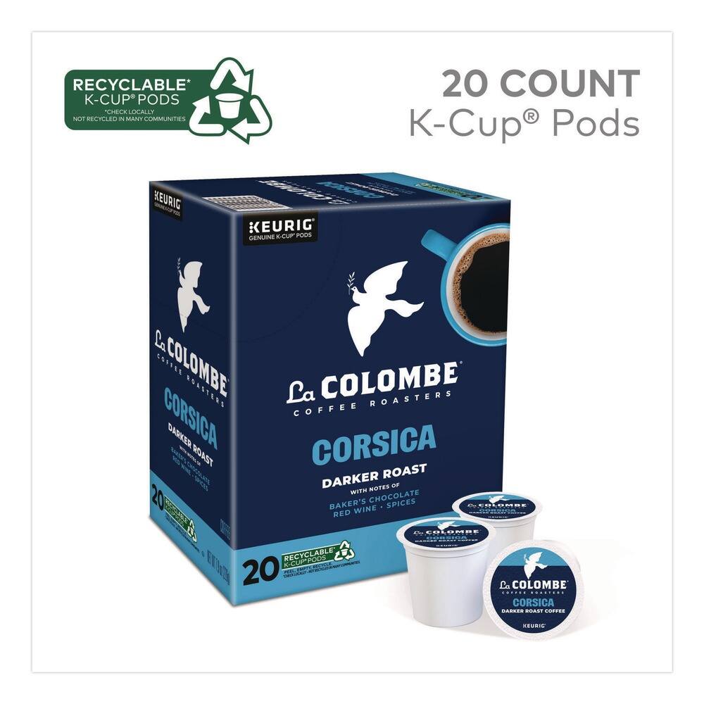 RECYCLABLE K-CUP PODS  
CHECK LOCALLY NOT RECYCLED IN MANY COMMUNITIES  
20 COUNT  
K-Cup Pods  
KEURIG  
KEURIG GENUINE K-CUP PODS  
La COLOMBE COFFEE ROASTERS  
La COLOMBE  
CORSICA  
DARKER ROAST  
NOTES OF BAKER'S CHOCOLATE, SPICES, RED WINE  
20 COUNT  
RECYCLABLE K-CUP PODS  
La COLOMBE CORSICA DARKER ROAST COFFEE