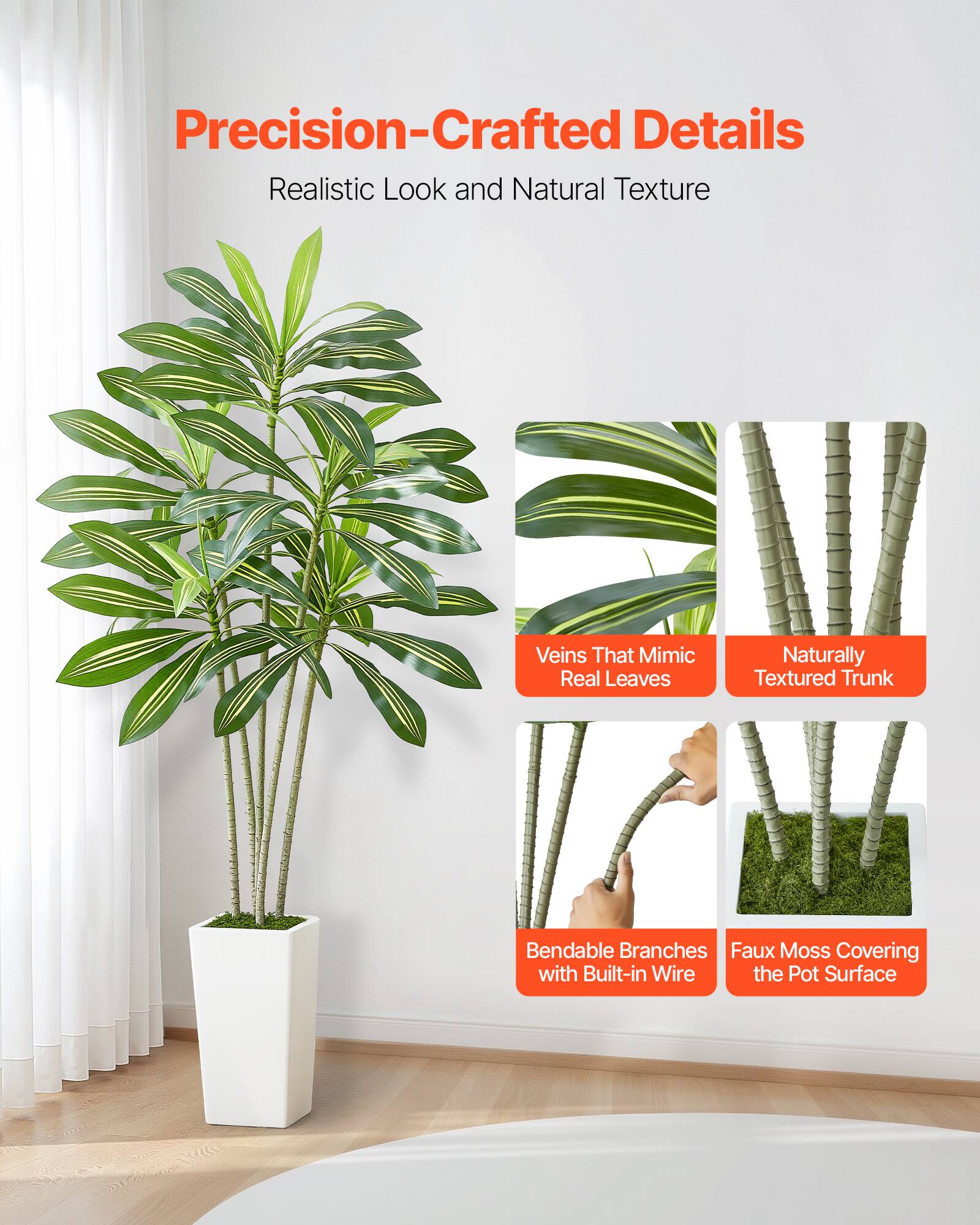 Precision-Crafted Details  
Realistic Look and Natural Texture  

Veins That Mimic Real Leaves  
Naturally Textured Trunk  
Bendable Branches with Built-in Wire  
Faux Moss Covering the Pot Surface
