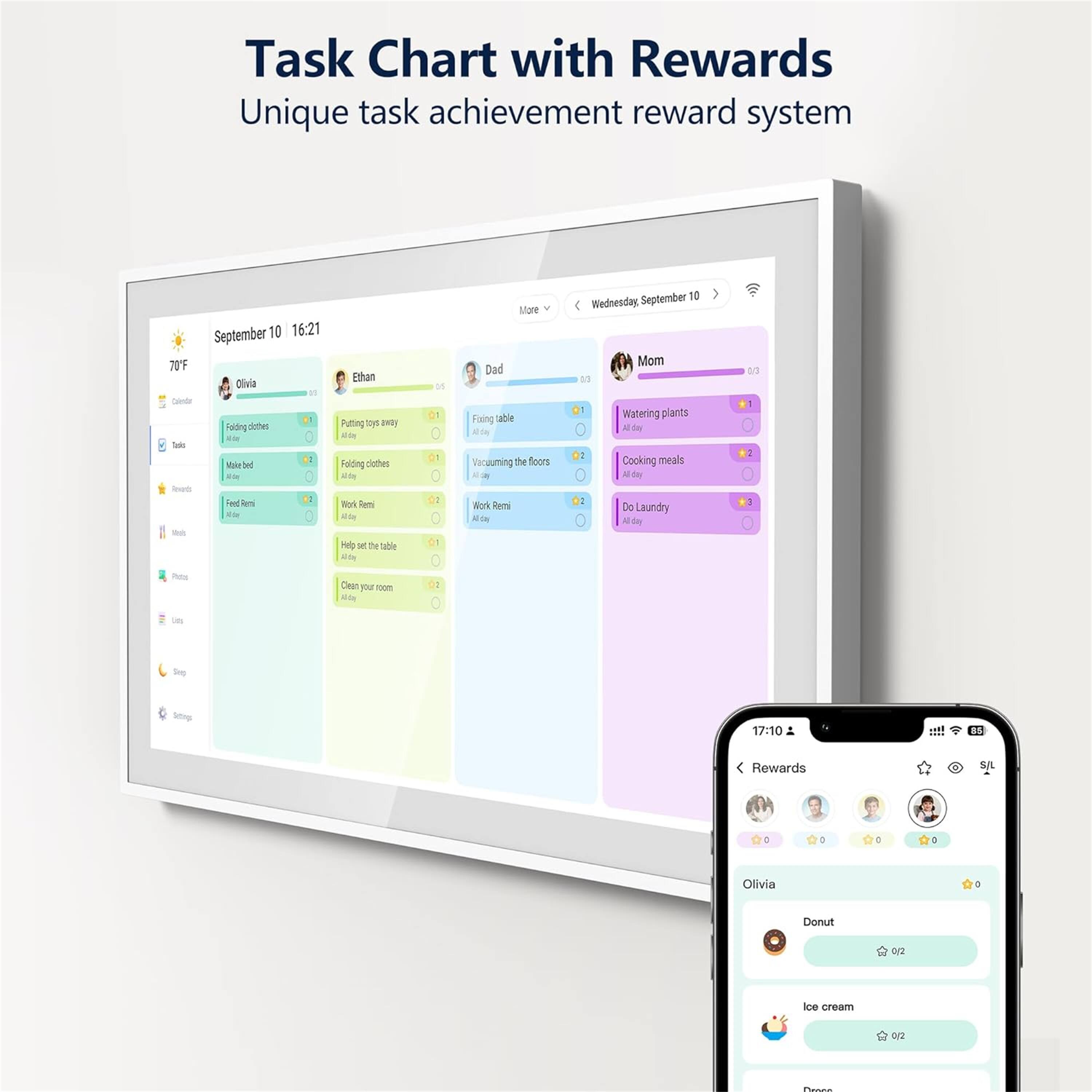 Task Chart with Rewards  
Unique task achievement reward system  

September 10 16:21  

Olivia  
- Folding clothes  
- Make bed  
- Feed Rem  
- Clean your room  

Ethan  
- Putting toys away  
- Folding clothes  
- Work Rem  
- Clean your room  

Dad  
- Folding clothes  
- Vacuuming the floor  
- Work Rem  

Mom  
- Watering plants  
- Cooking meals  
- Do Laundry  

Rewards  
- Olivia: Donut, Ice cream
