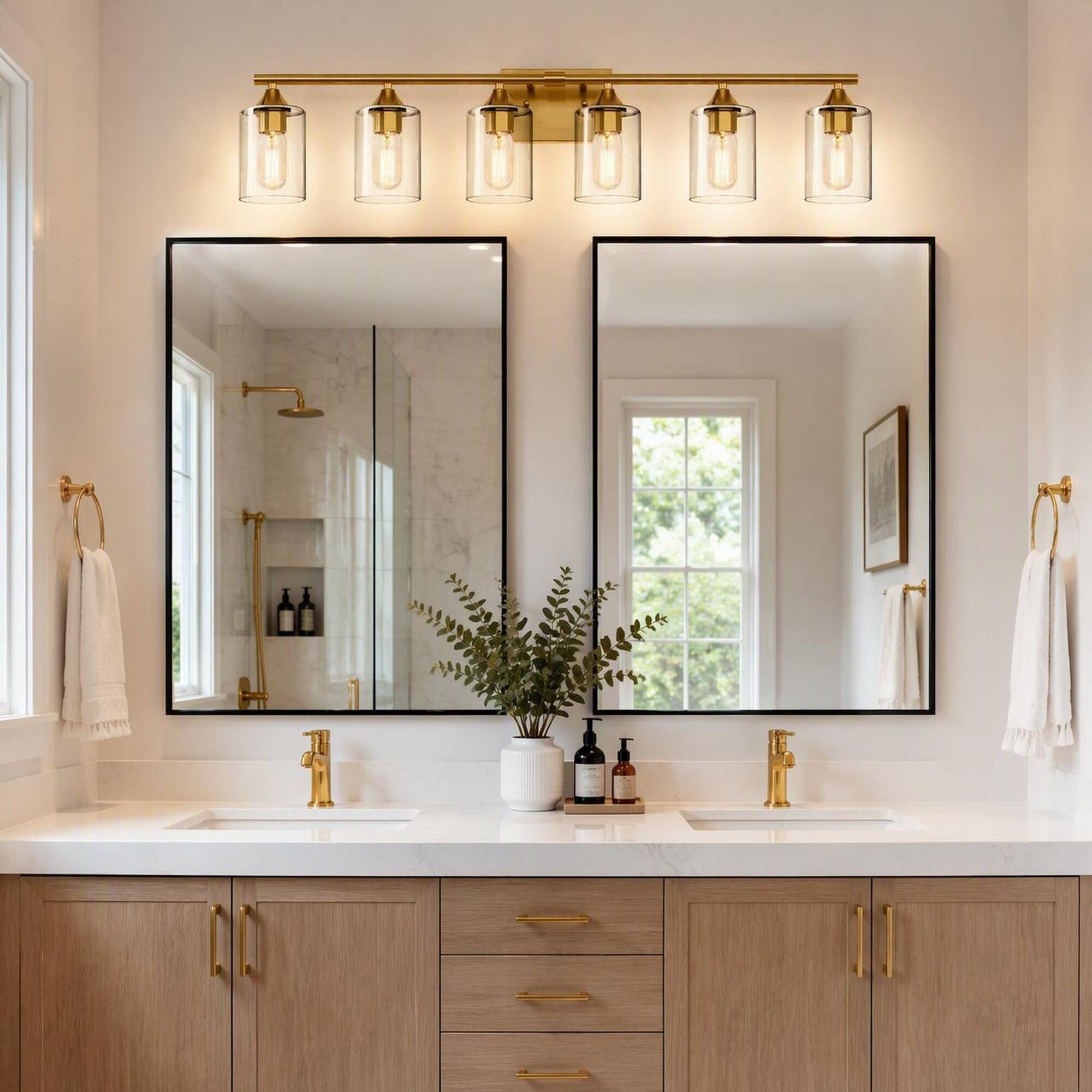 Back. RYHNUYNE - 6-Light Brushed Gold Farmhouse Vanity Light with Clear Glass Shades, Damp-Proof Iron Frame, Reversible Mount.