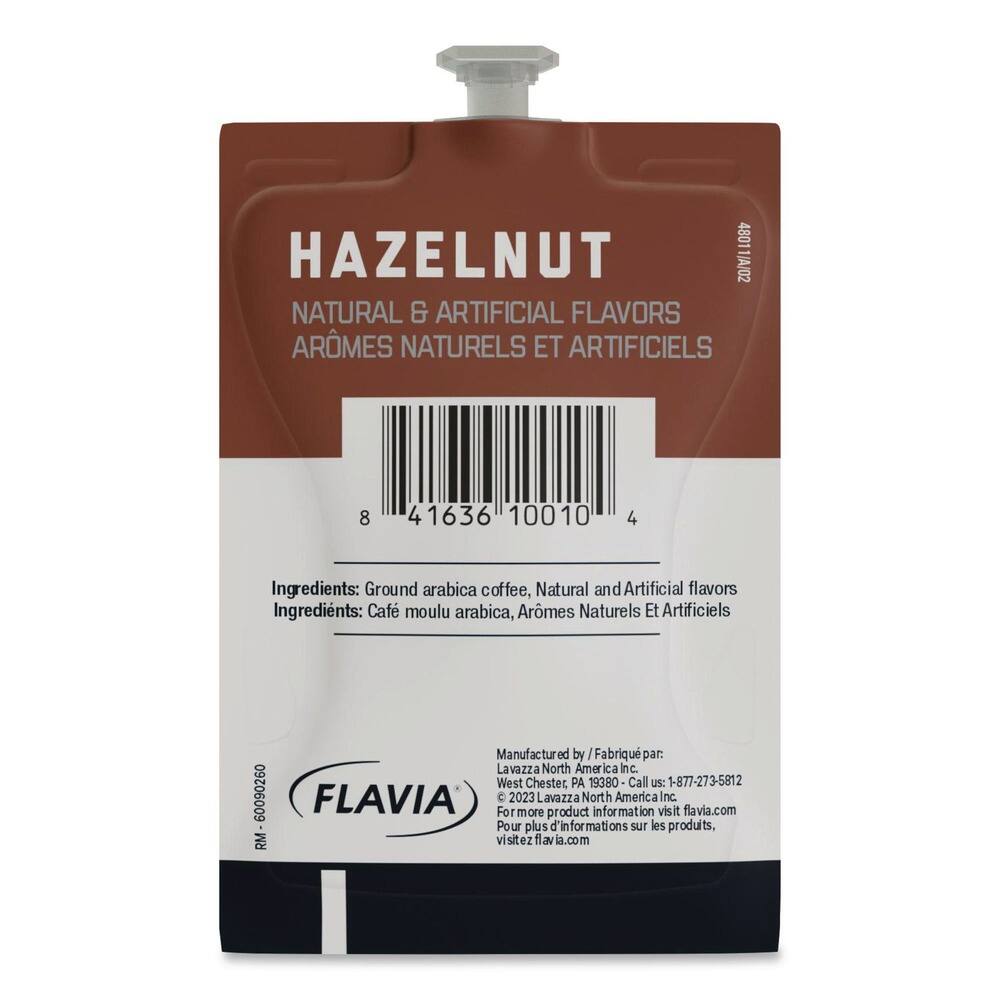 HAZELNUT  
NATURAL & ARTIFICIAL FLAVORS  
ARÔMES NATURELS ET ARTIFICIELS  

Ingredients: Ground arabica coffee, Natural and Artificial flavors  
Ingredients: Café moulu arabica, Aromes Naturels Et Artificiels  

Manufactured by / Fabriqué par:  
Lavazza North America Inc.  
West Chester, PA 19380  
Call us: 1-877-273-5812  

FLAVIA®  

For more product information visit flavia.com  
Pour plus d'informations sur les produits, visitez flavia.com  

RM 60090260  

8 41636 10010 4