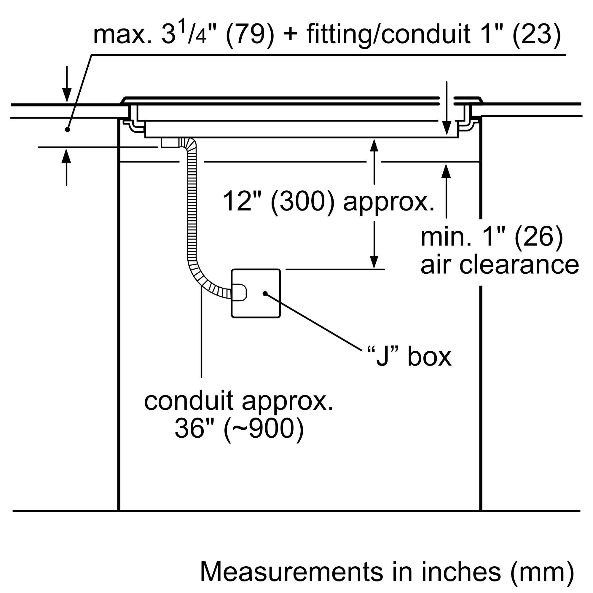 max. 3 1/4" (79) + fitting/conduit 1" (23)  
12" (300) approx.  
min. 1" (26) air clearance  
"J" box  
conduit approx. 36" (~900)  
Measurements in inches (mm)