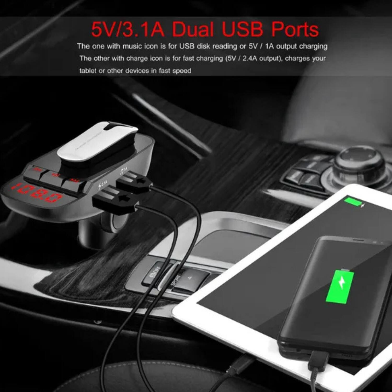 5V/3.1A Dual USB Ports

The one with music icon is for USB disk reading or 5V / 1A output charging

The other with charge icon is for fast charging (5V / 2.4A output), charges your tablet or other devices in fast speed