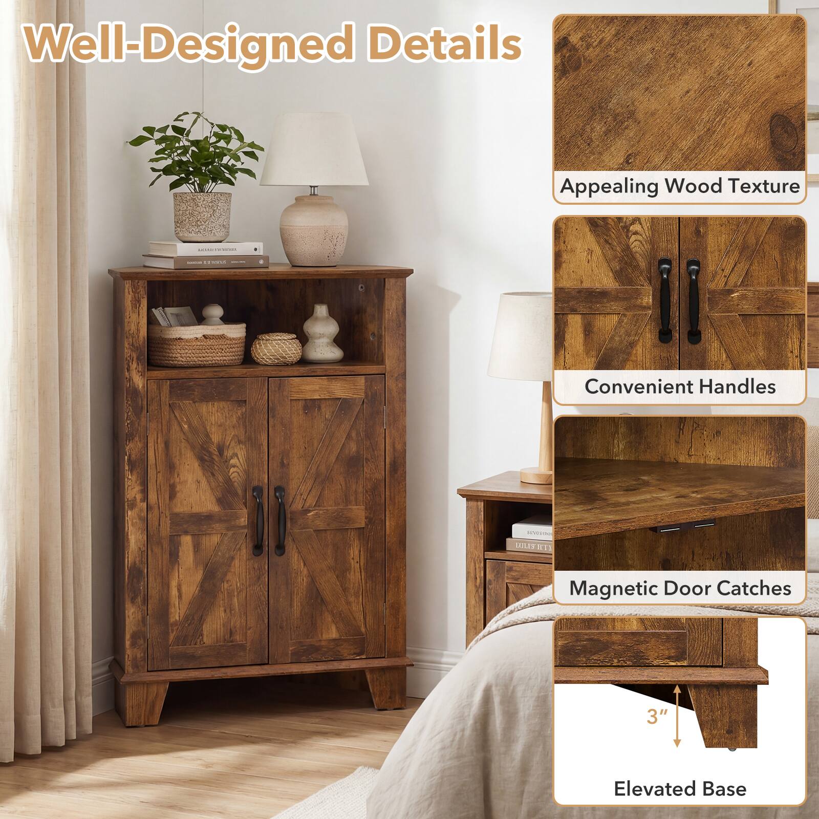 Well-Designed Details

- Appealing Wood Texture
- Convenient Handles
- Magnetic Door Catches
- Elevated Base (3")