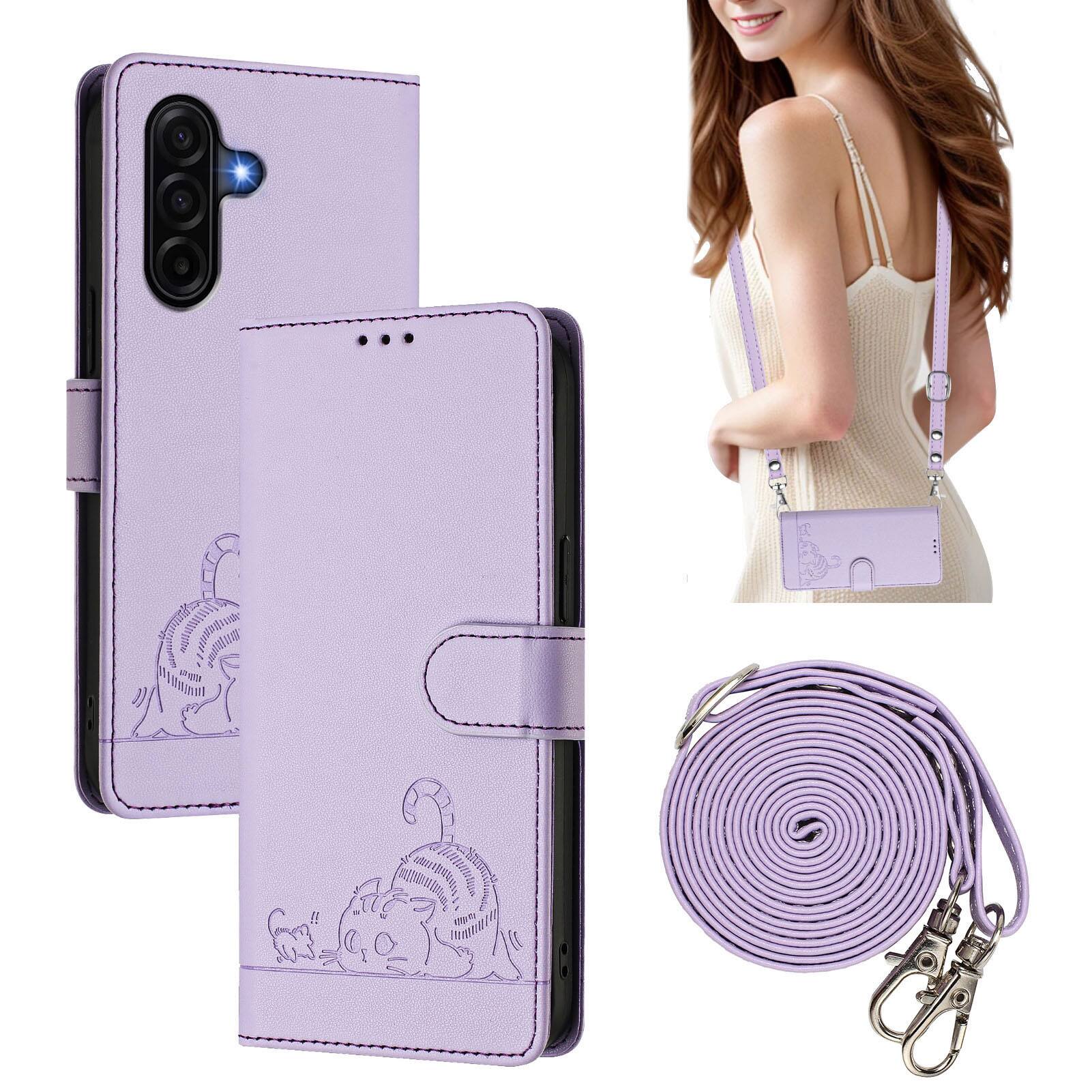 Front. Dteck - Cat Pattern Crossbody Wallet Case for Samsung Galaxy A37 5G with Card Slots, RFID PU Leather Protective Stand Cover - Purple.