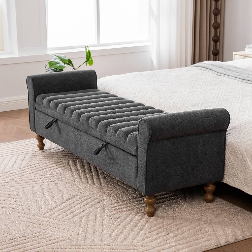 Left. Ropilly - Ropilly Modern Upholstered Storage Bench Charcoal Napped Fabric Bed End Foot Stool With Rolled Armrest - Charcoal.