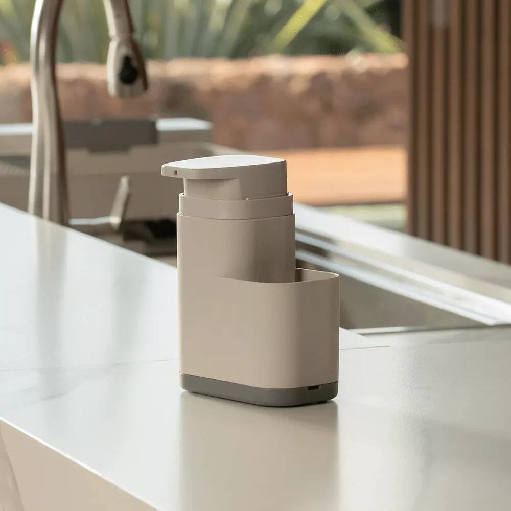 Left. OU - 19 oz Refillable Plastic Soap Dispenser with Sponge Holder & Removable Drip Tray for Kitchen Sink - Beige.