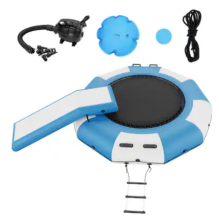 Front. VEVOR - Inflatable Water Bouncer, 10ft Recreational Water Trampoline, Portable Bounce Swim Platform with Slide, 3-Step Ladder - Blue, white.