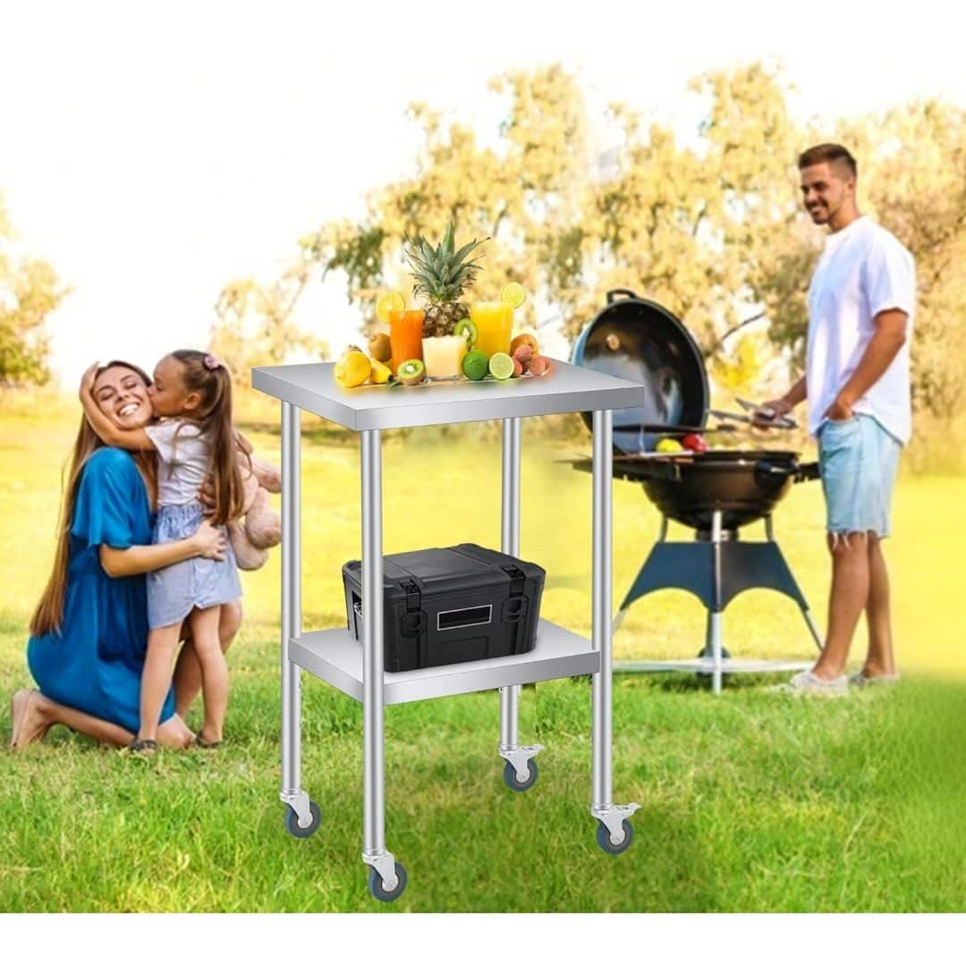 Acekool - Stainless Steel Prep Table, 24 x 18 Inches, with Adjustable Undershelf and 4 Caster Wheels