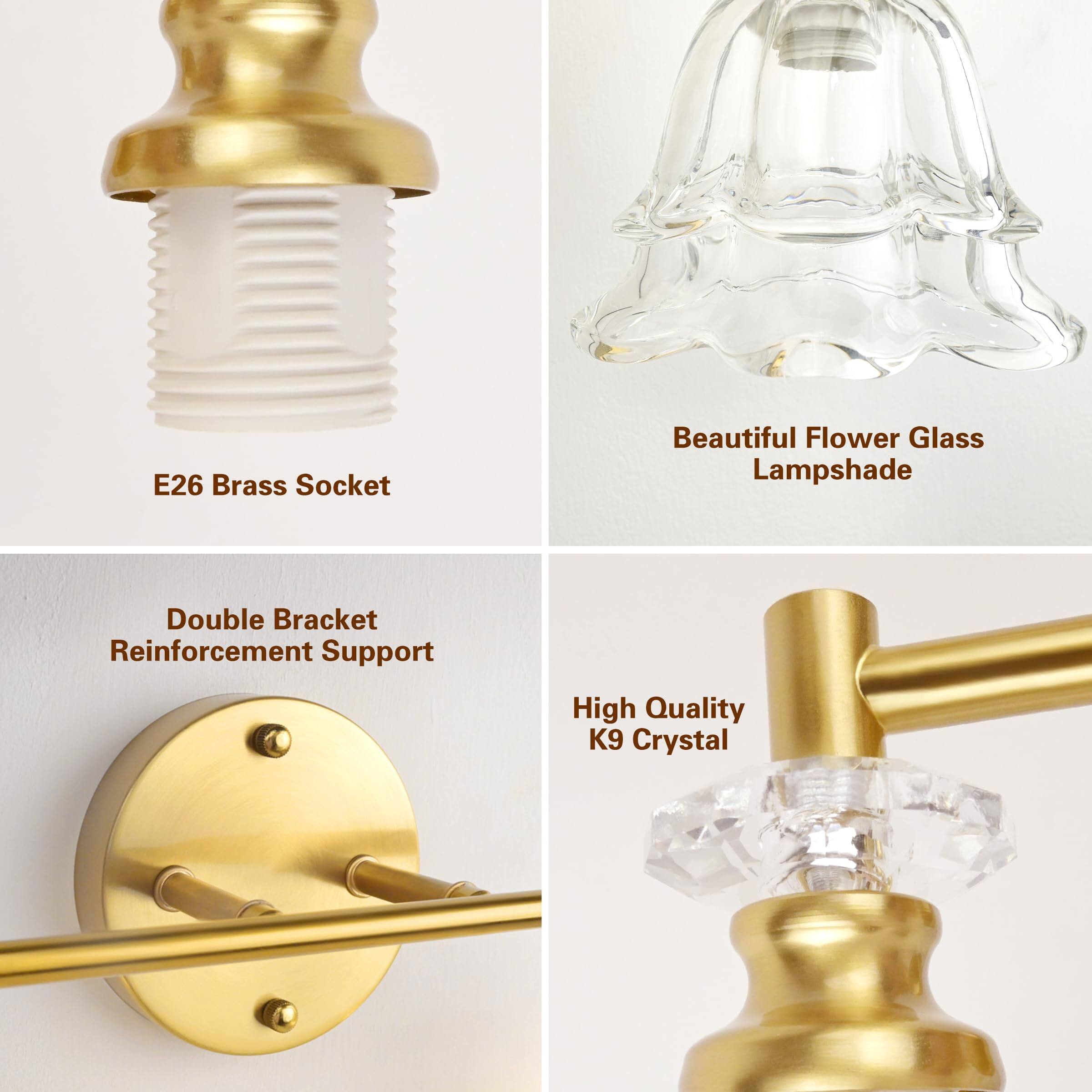 E26 Brass Socket  
Beautiful Flower Glass Lampshade  
Double Bracket Reinforcement Support  
High Quality K9 Crystal