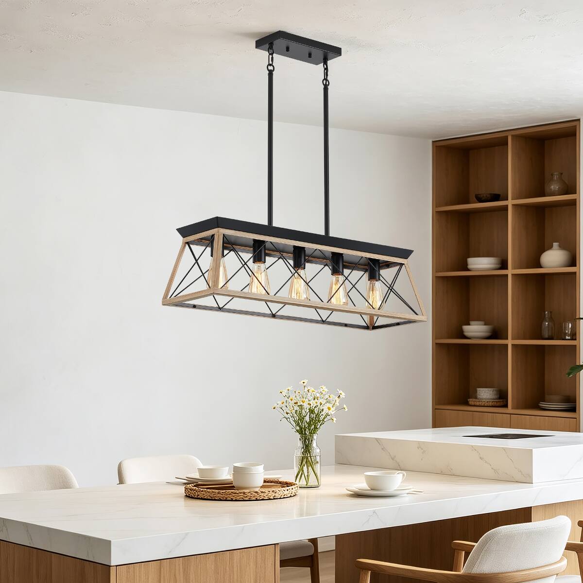 Left. Loheer - Loheer 5 Light Farmhouse Chandelier Rustic Wood and Metal Rectangular Dining Room Pendant.