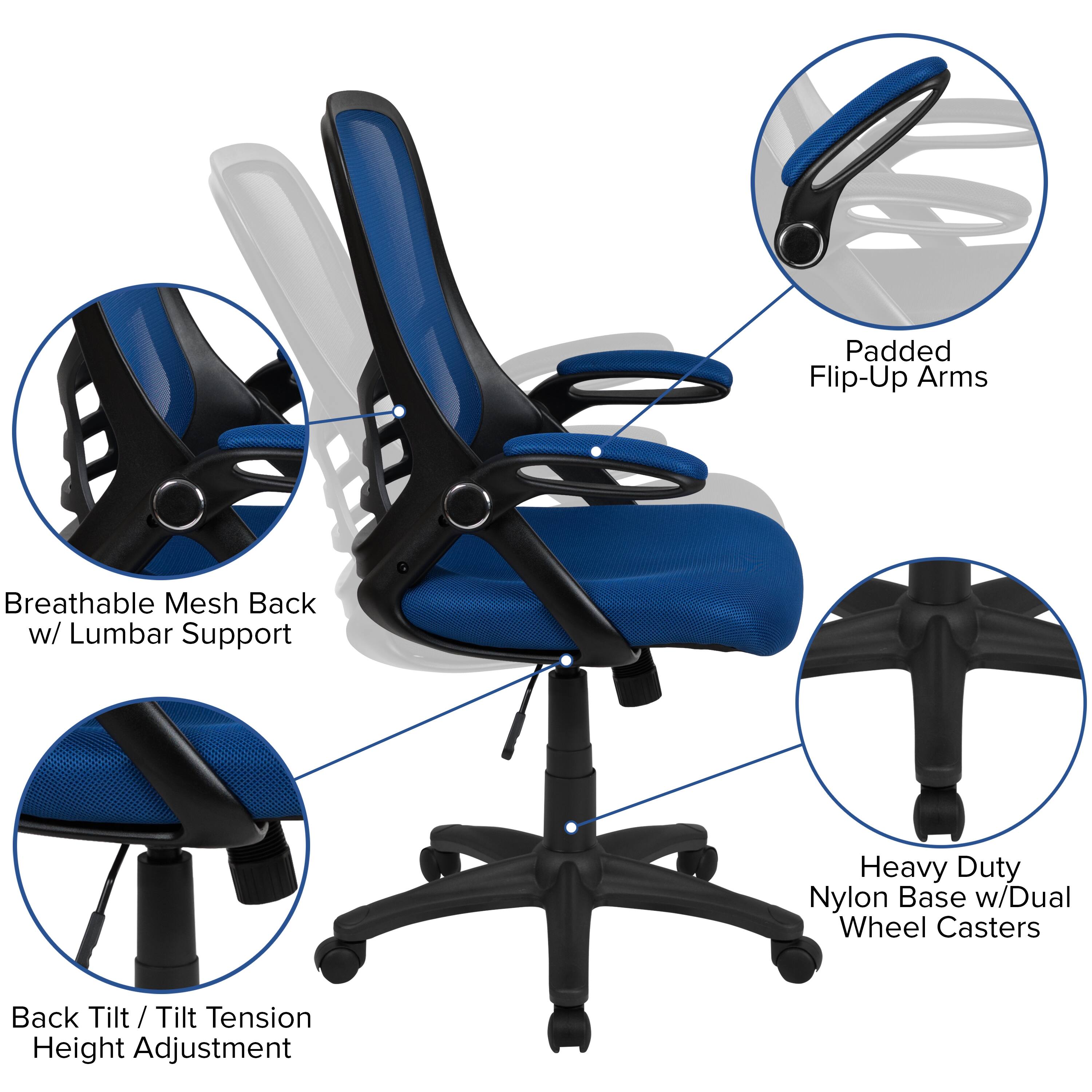 Padded Flip-Up Arms  
Breathable Mesh Back w/ Lumbar Support  
Heavy Duty Nylon Base w/Dual Wheel Casters  
Back Tilt / Tilt / Tension Height Adjustment