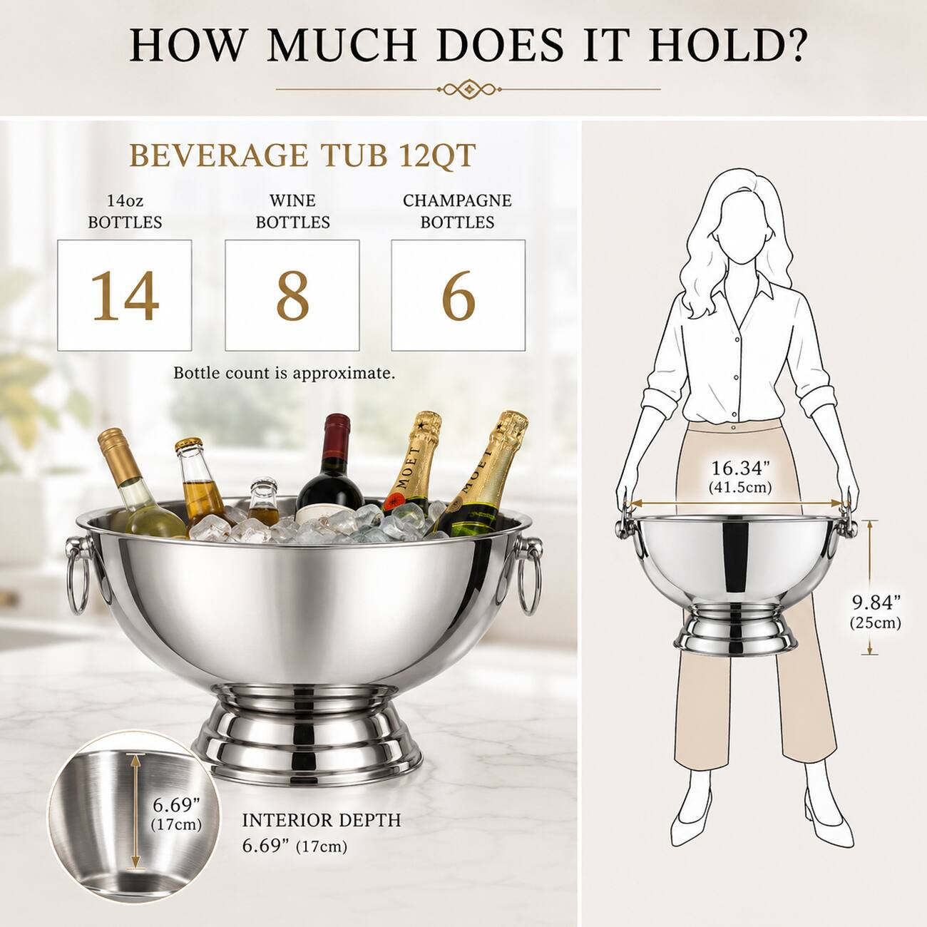 HOW MUCH DOES IT HOLD?

BEVERAGE TUB 12QT

14oz BOTTLES
14

WINE BOTTLES
8

CHAMPAGNE BOTTLES
6

Bottle count is approximate.

MOE

16.34" (41.5cm)
9.84" (25cm)
6.69" (17cm) INTERIOR DEPTH 6.69" (17cm)