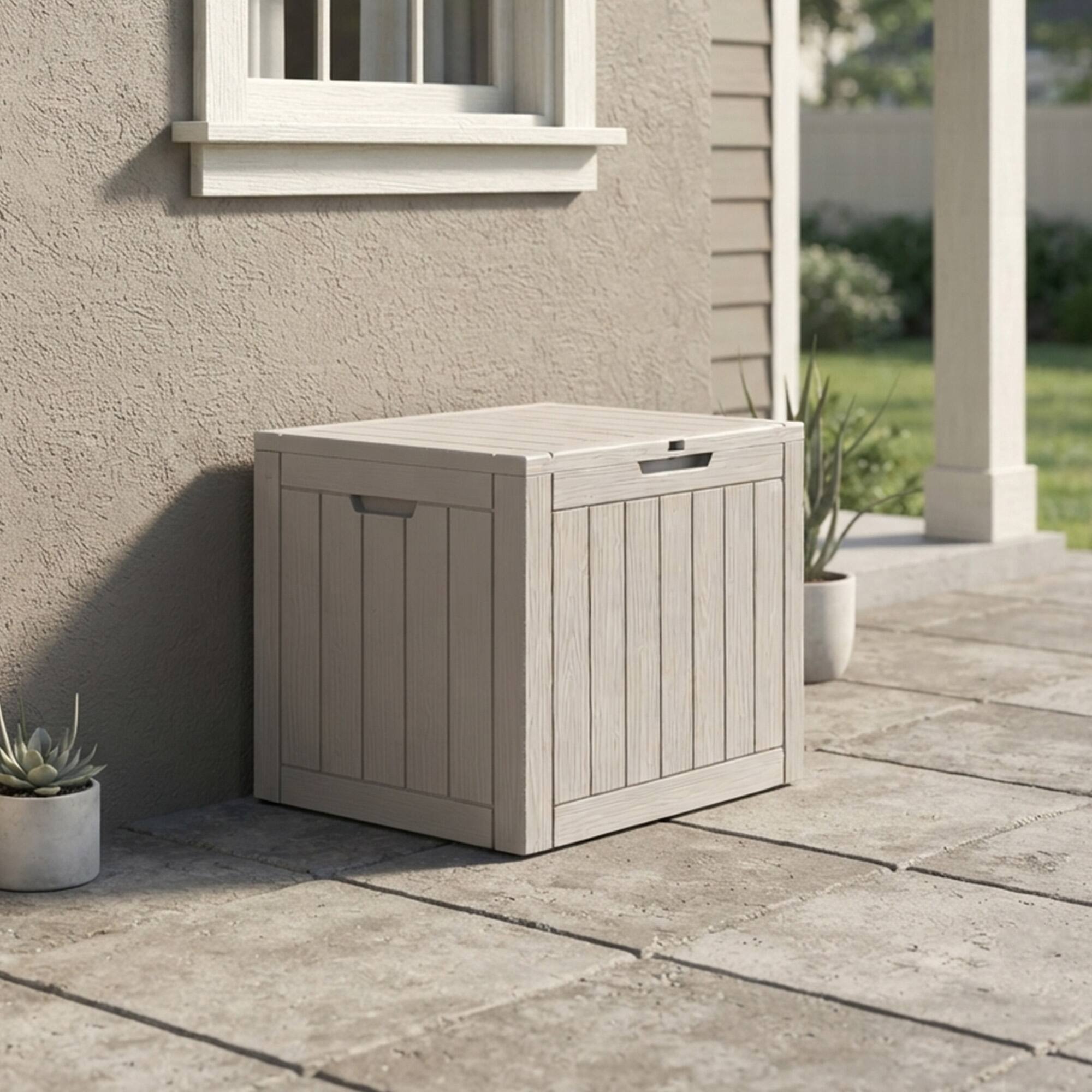 Angle. LAUSAINT HOME - 35 Gal.Water Resistant Resin Lockable Deck Box, Large Lockable Capacity, Versatile Deck Storage Bench - Brown.