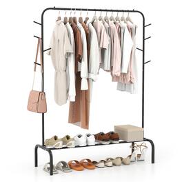 Gymax - 50-Inch Wide Metal Garment Wardrobe Rack w/8 Hooks & Storage Shelf for Laundry - Black