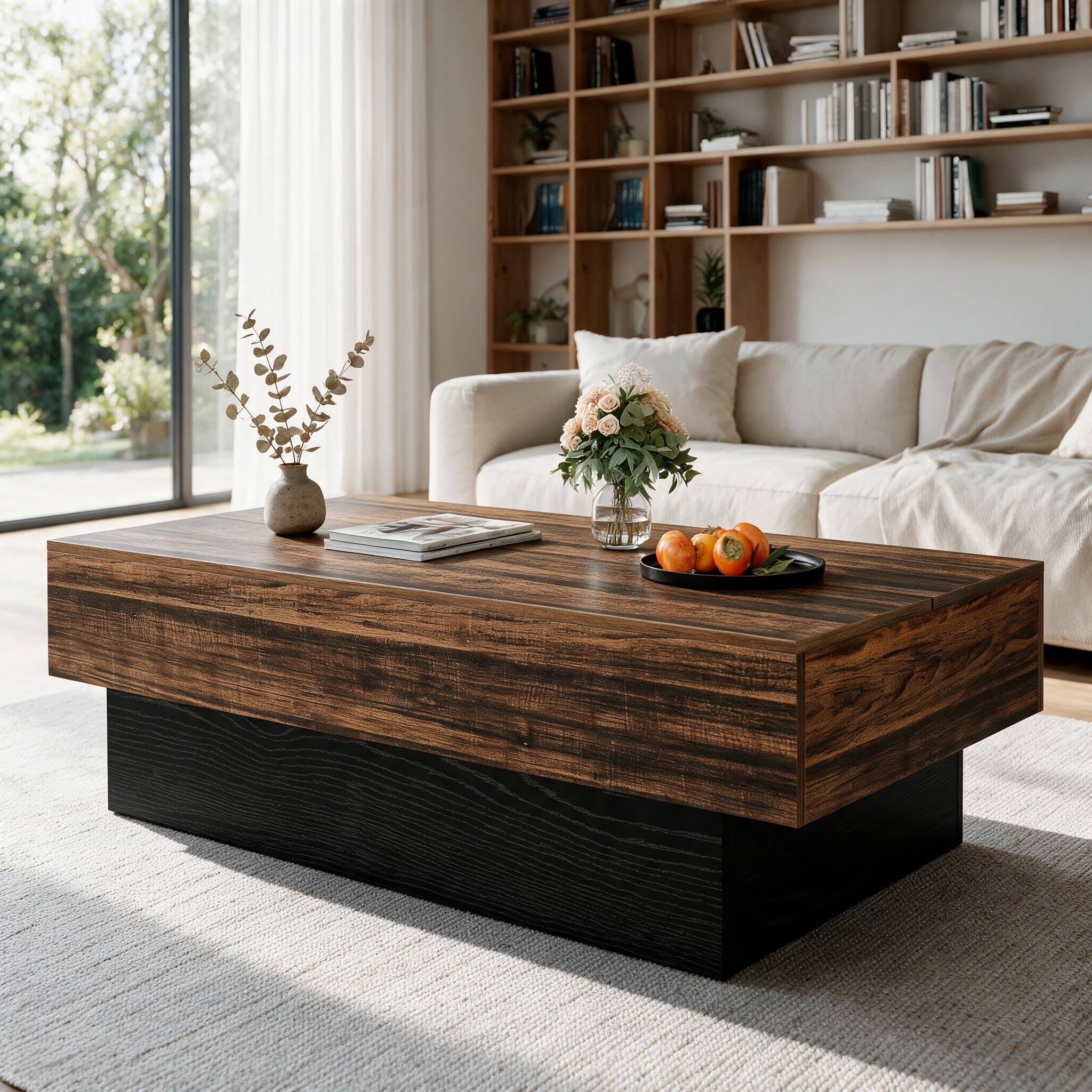Left. Tribesigns - 55" Large Rectangle Coffee Table for Living Room - Brown & Black.