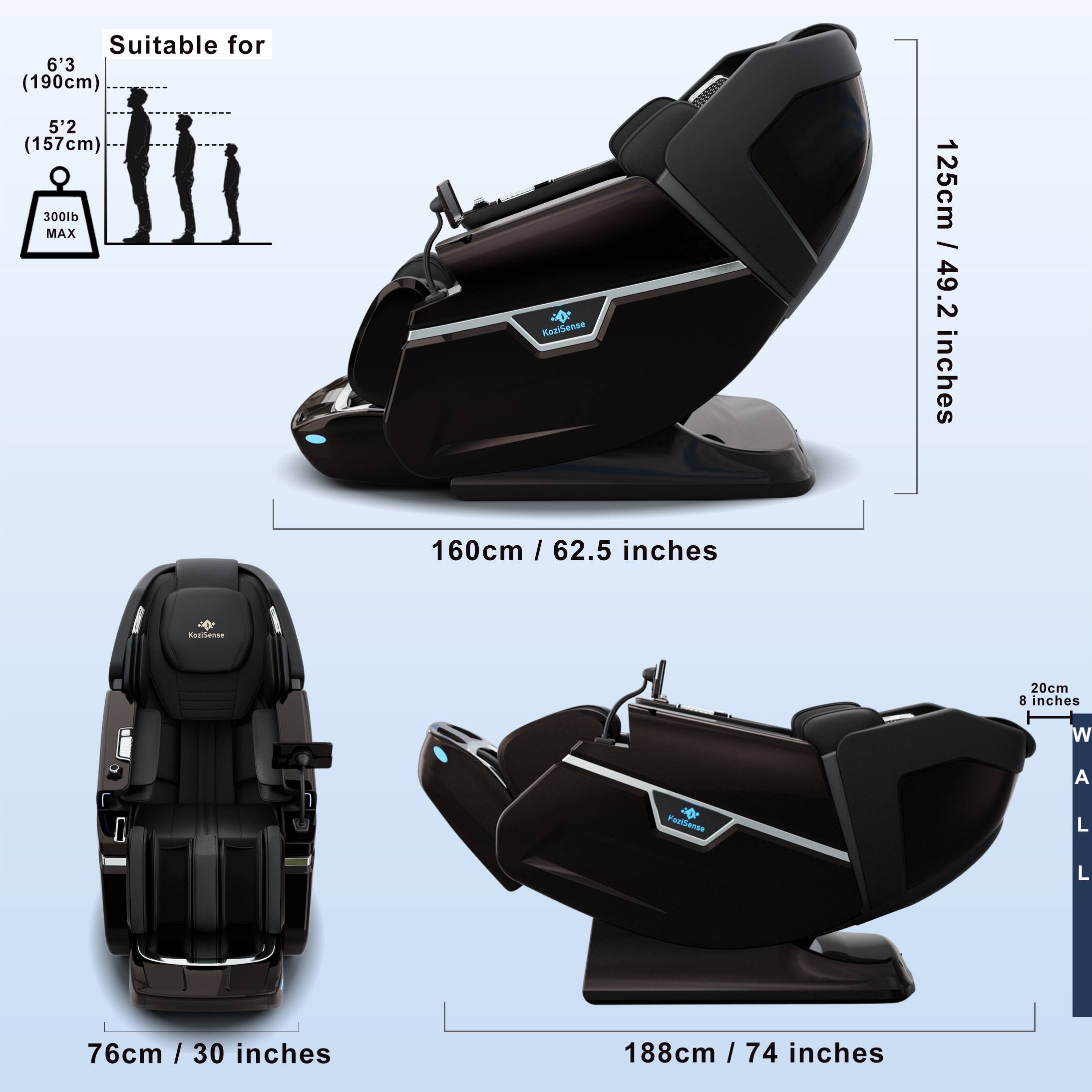 Suitable for 6'3" (190cm) 5'2" (157cm) 300lb MAX

125cm / 49.2 inches
160cm / 62.5 inches
76cm / 30 inches
188cm / 74 inches

20cm / 8 inches