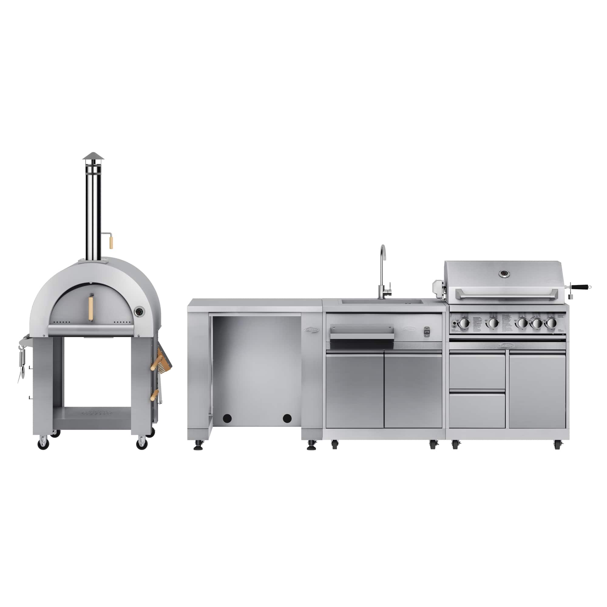 Koolmore - Wood fire Pizza Oven, Refrigerator Cabinet, Double Refrigerator Drawers, Sink and a 30 in. BBQ Grill and Cabinet - Stainless Steel