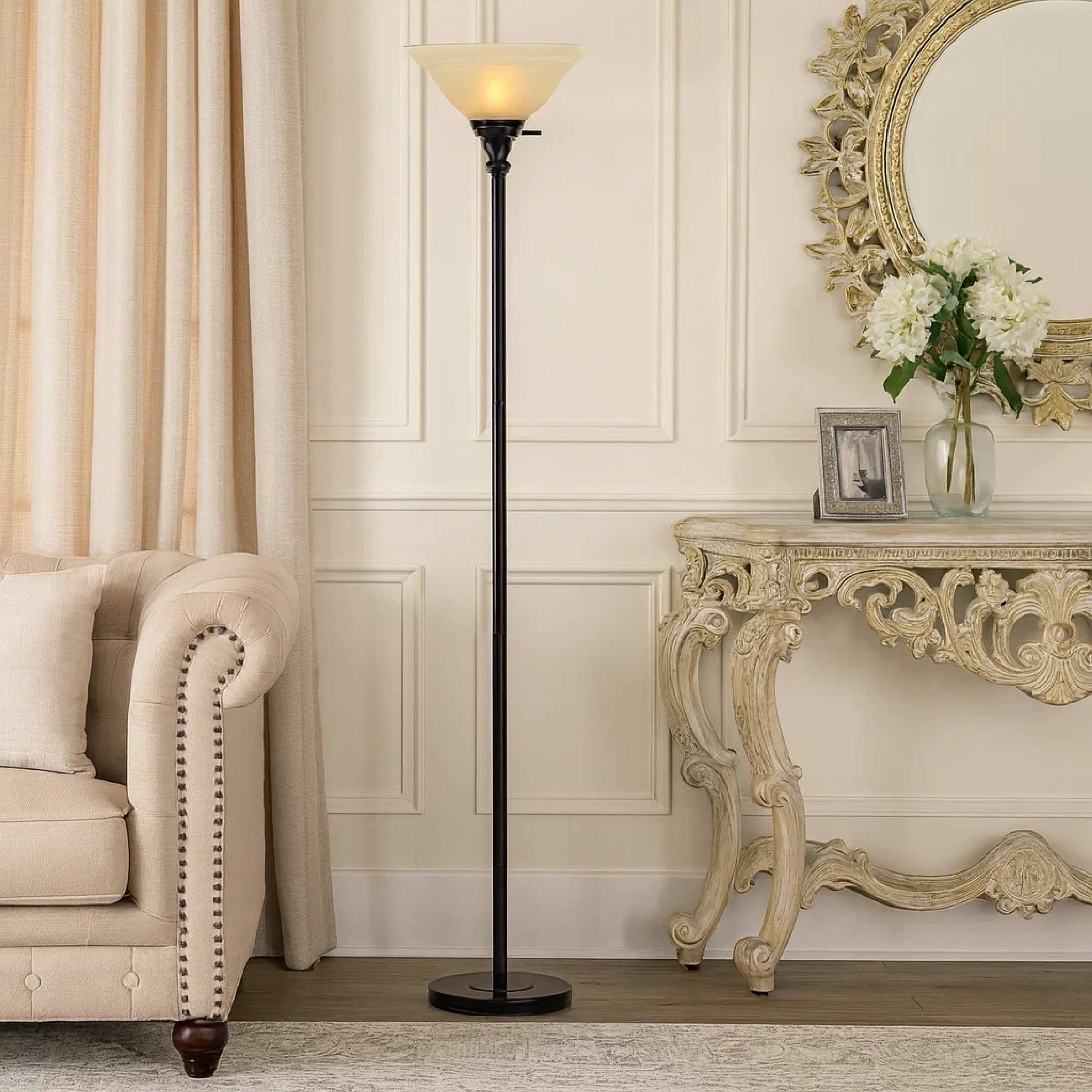 Alt View 3. Manhattan Lane - Metal Round 3 Way Torchiere Lamp with Frosted Shade.