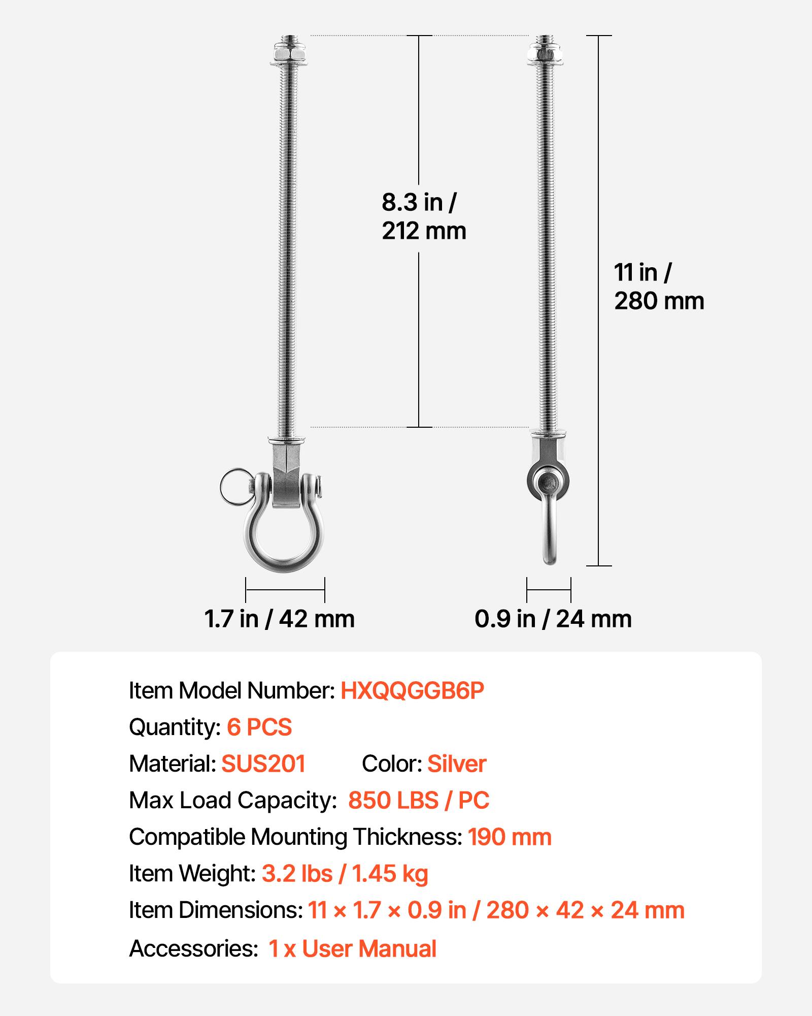 8.3 in / 212 mm  
11 in / 280 mm  
1.7 in / 42 mm  
0.9 in / 24 mm  

Item Model Number: HXQQGGB6P  
Quantity: 6 PCS  
Material: SUS201  
Color: Silver  
Max Load Capacity: 850 LBS / PC  
Compatible Mounting Thickness: 190 mm  
Item Weight: 3.2 lbs / 1.45 kg  
Item Dimensions: 11 x 1.7 x 0.9 in / 280 x 42 x 24 mm  
Accessories: 1 x User Manual