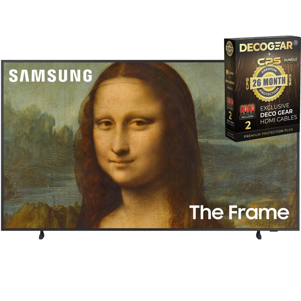 SAMSUNG  
The Frame  

DECOGEAR + CPS BUNDLE  
PREMIUM  
26 MONTH PROTECTION  
EXCLUSIVE DECO GEAR  
INCLUDES HDMI CABLES  
2 PLAN  
PREMIUM PROTECTION PLAN