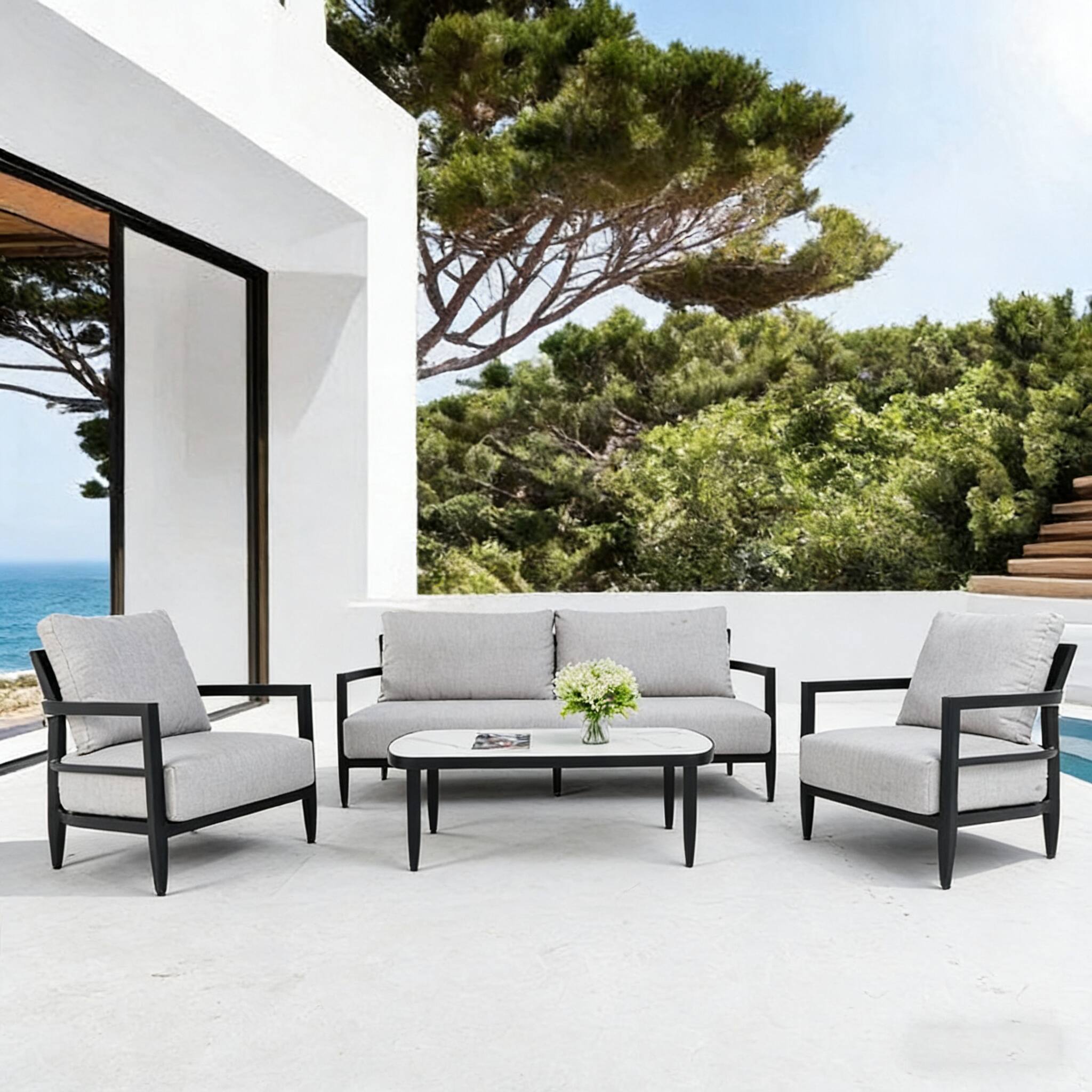 Angle. Mondawe - 4-Piece Outdoor Conversation Set with Fully Weld Club Chairs, Bench Sofa, Marble-Inspired Table and Sunbrella Cushions - Ember Black+Grey.